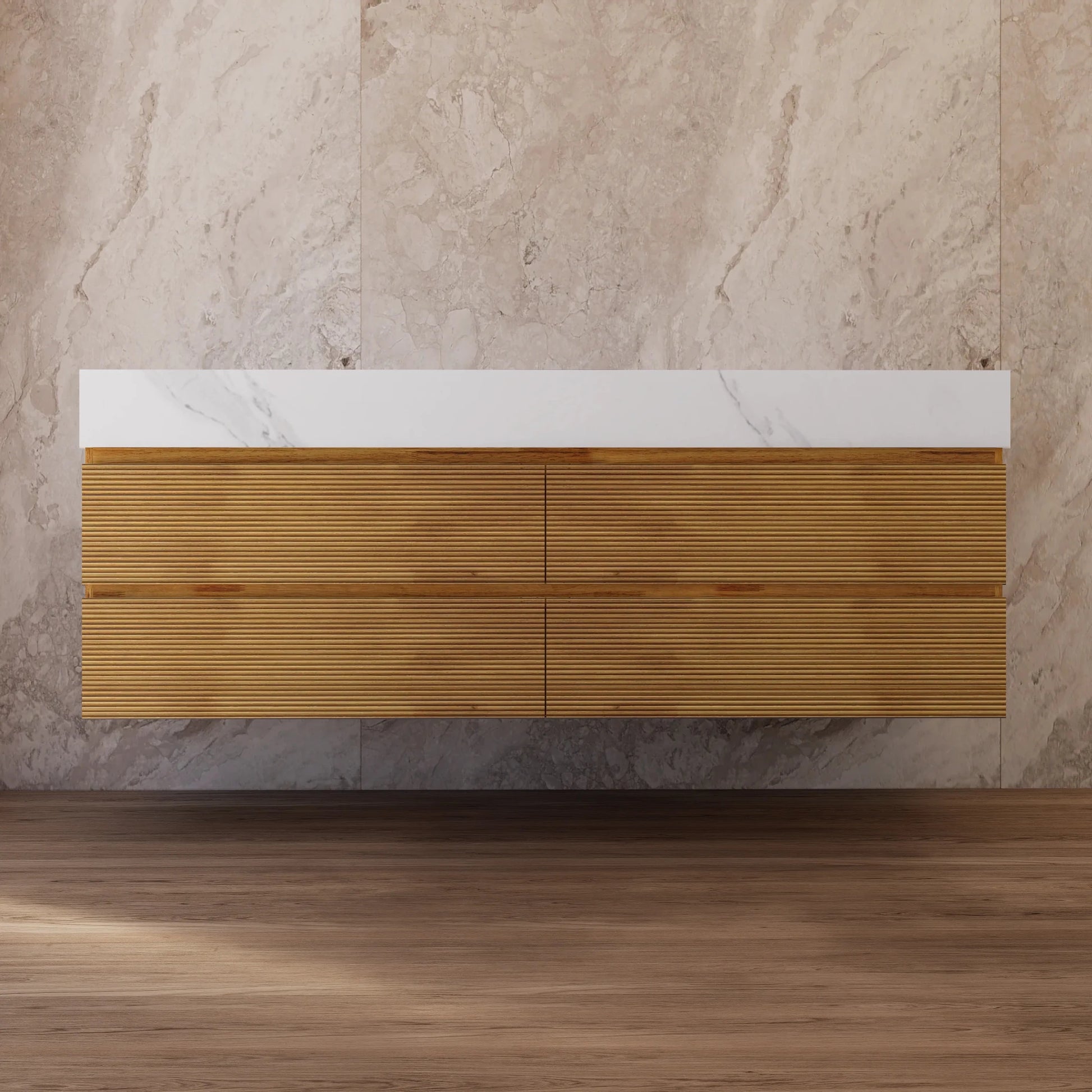 60" Oak Fluted Floating Vanity with Seamless Stone Double Sink - VanityWhite Carrara