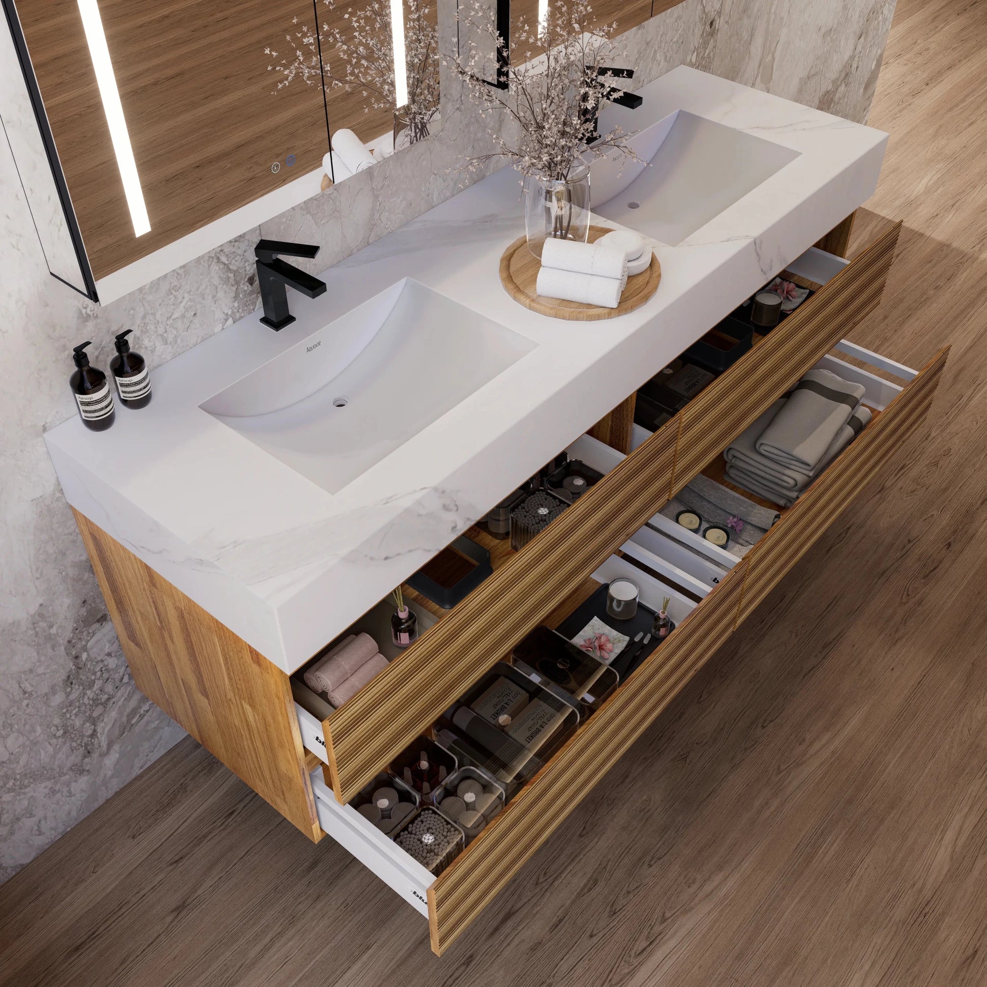60" Oak Fluted Floating Vanity with Seamless Stone Double Sink - VanityWhite Carrara