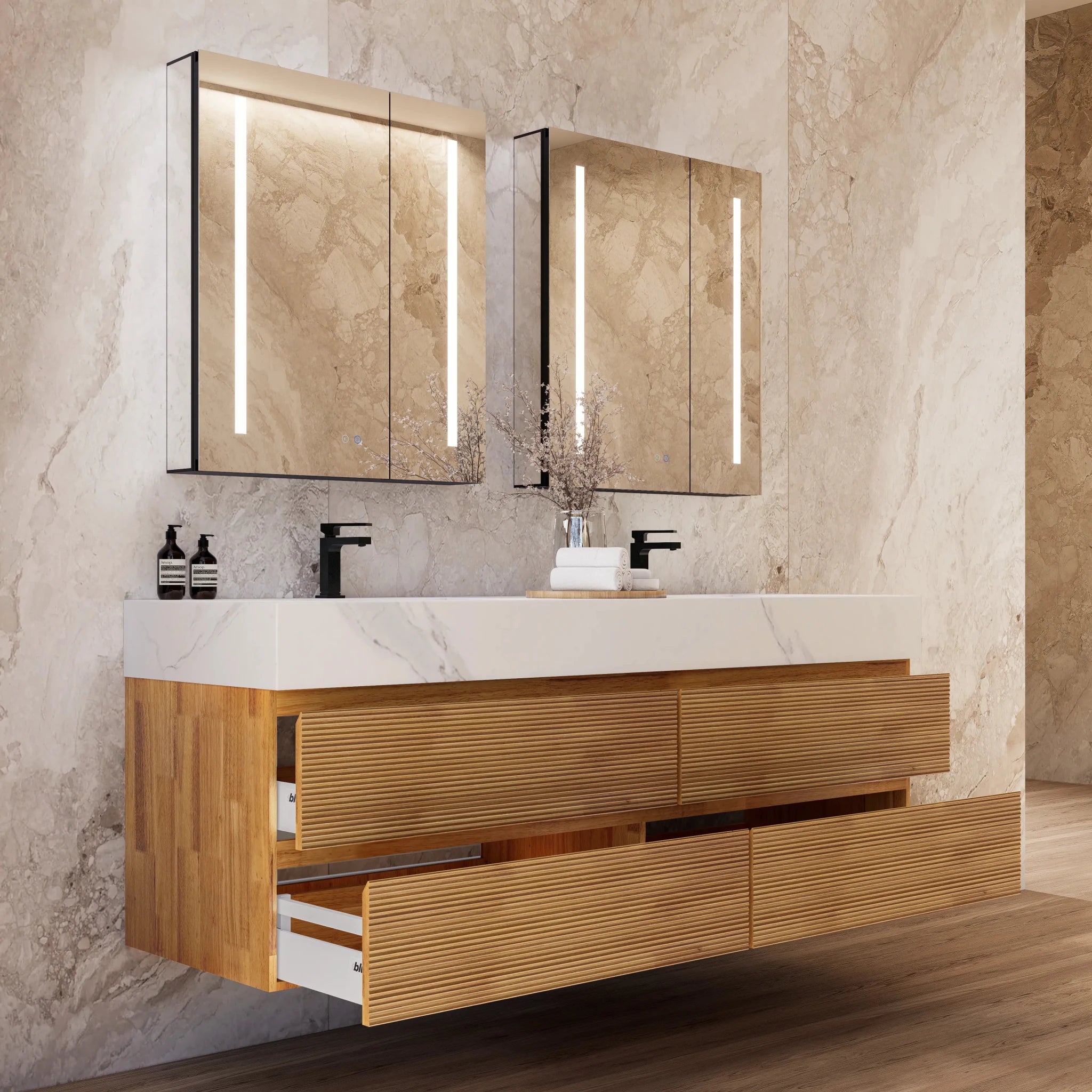 60" Oak Fluted Floating Vanity with Seamless Stone Double Sink - VanityWhite Carrara