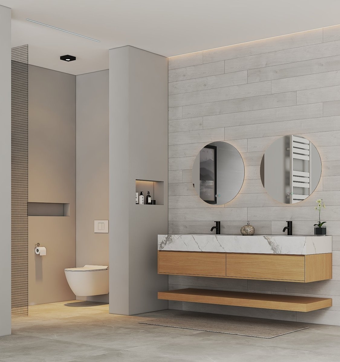 60” Smoked Oak Floating Double Sink Bathroom Vanity – Stone Top - VanitySmoked Oak NeoNova Decor