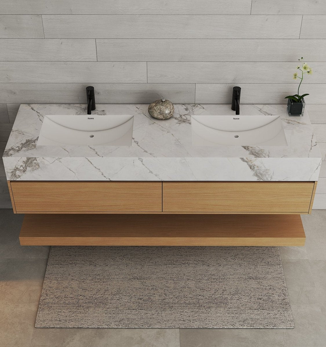 60” Smoked Oak Floating Double Sink Bathroom Vanity – Stone Top - VanitySmoked Oak NeoNova Decor