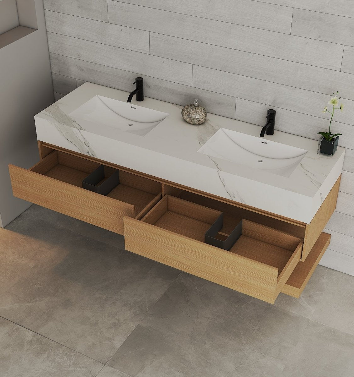 60” Smoked Oak Floating Double Sink Bathroom Vanity – Stone Top - VanitySmoked Oak NeoNova Decor