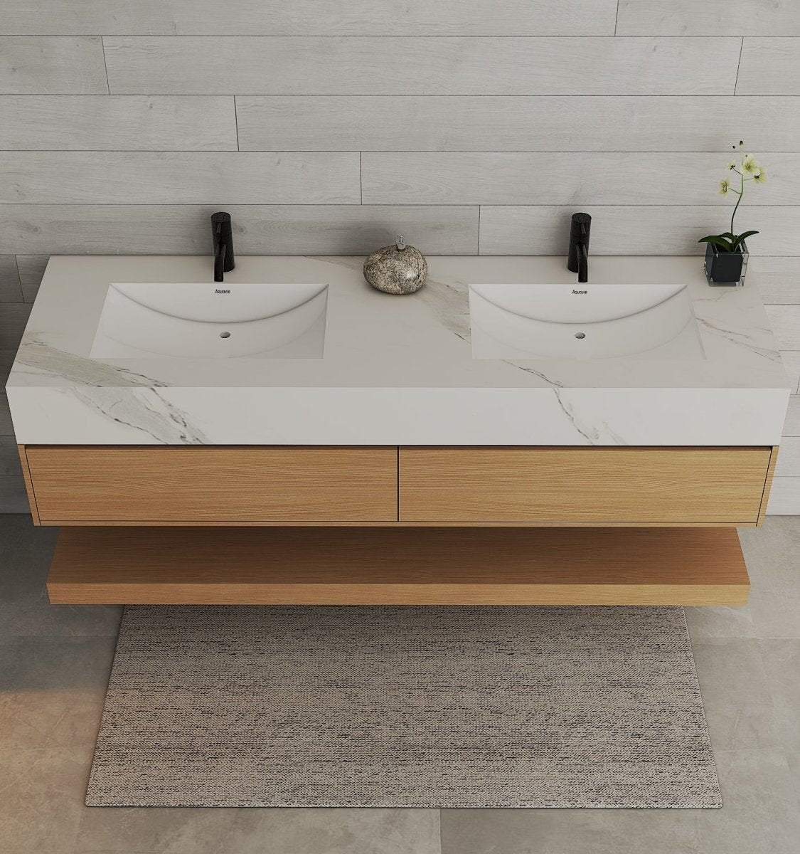 60” Smoked Oak Floating Double Sink Bathroom Vanity – Stone Top - VanitySmoked Oak NeoNova Decor