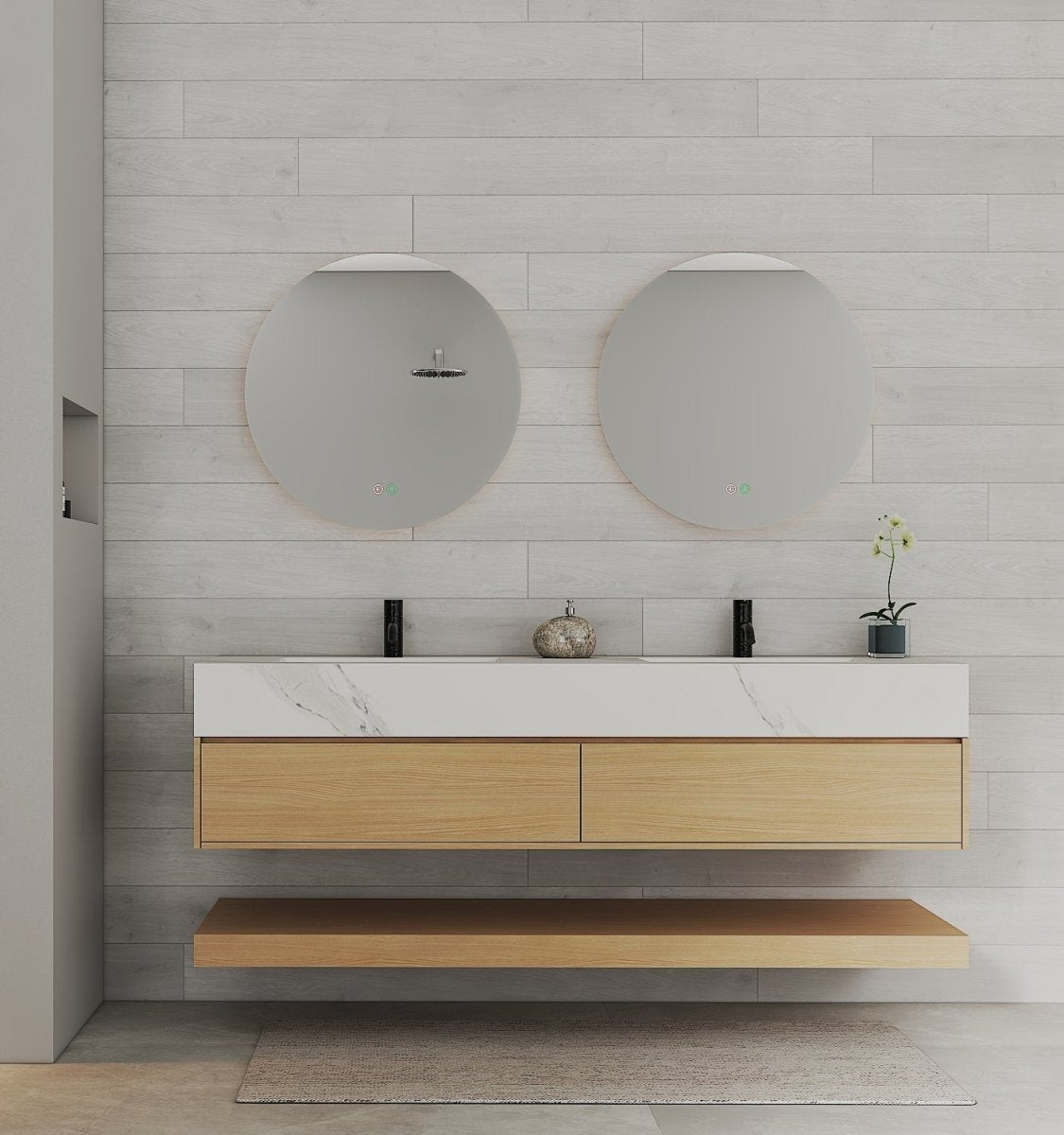 60” Smoked Oak Floating Double Sink Bathroom Vanity – Stone Top - VanitySmoked Oak NeoNova Decor