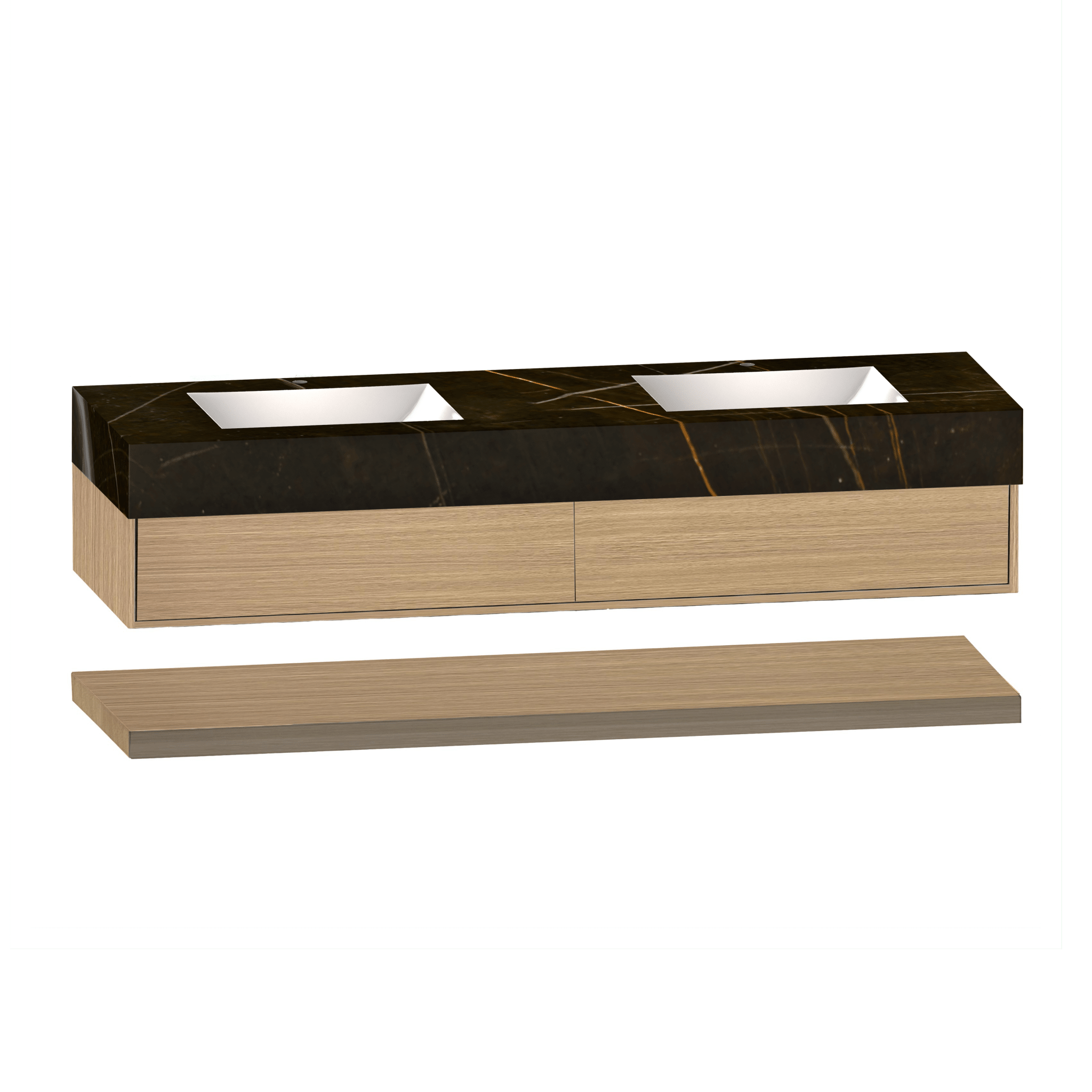 60" Smoked Oak Open Shelf Floating Double Sink Vanity With Seamless Stone Top - VanitySmoked Oak