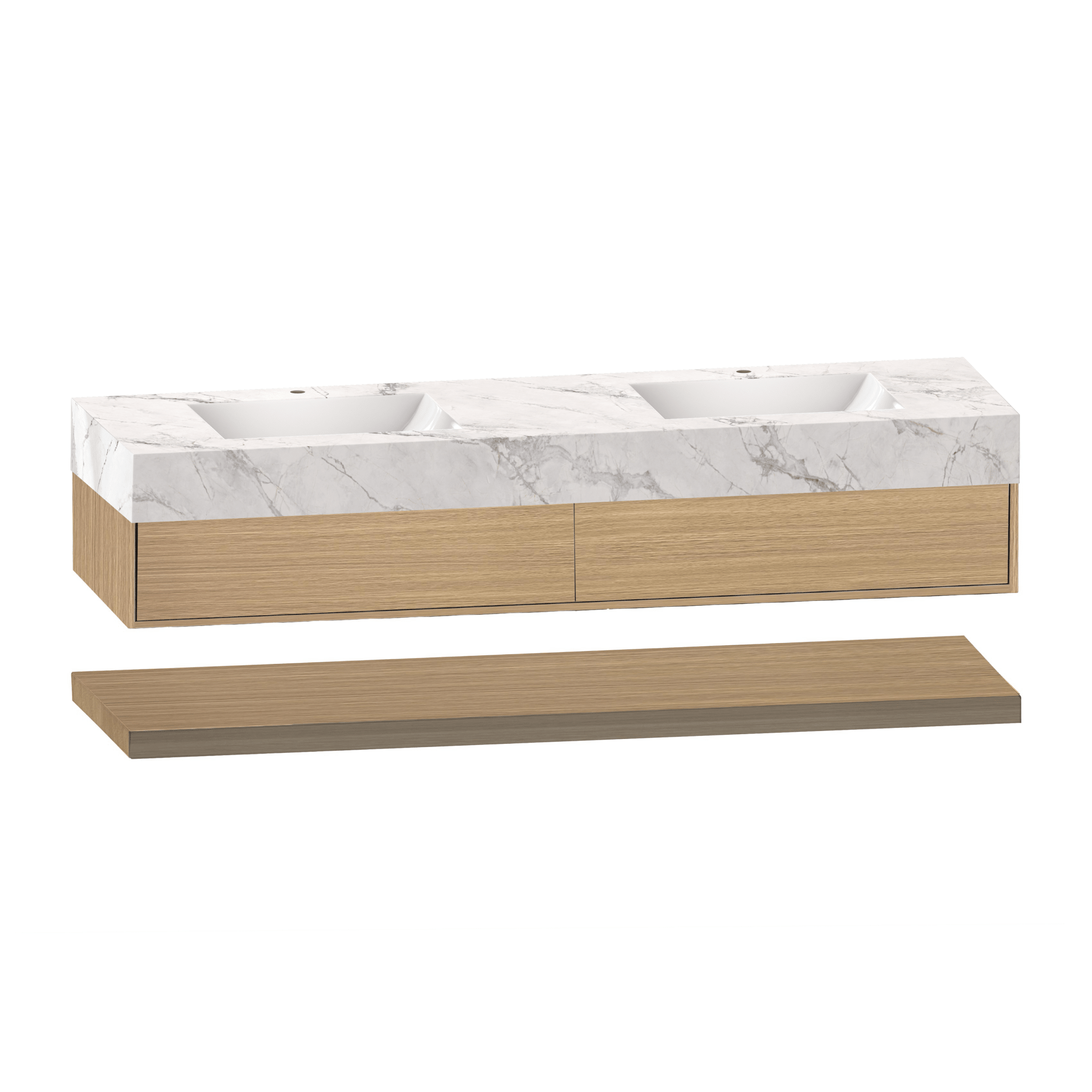 60" Smoked Oak Open Shelf Floating Double Sink Vanity With Seamless Stone Top - VanitySmoked Oak