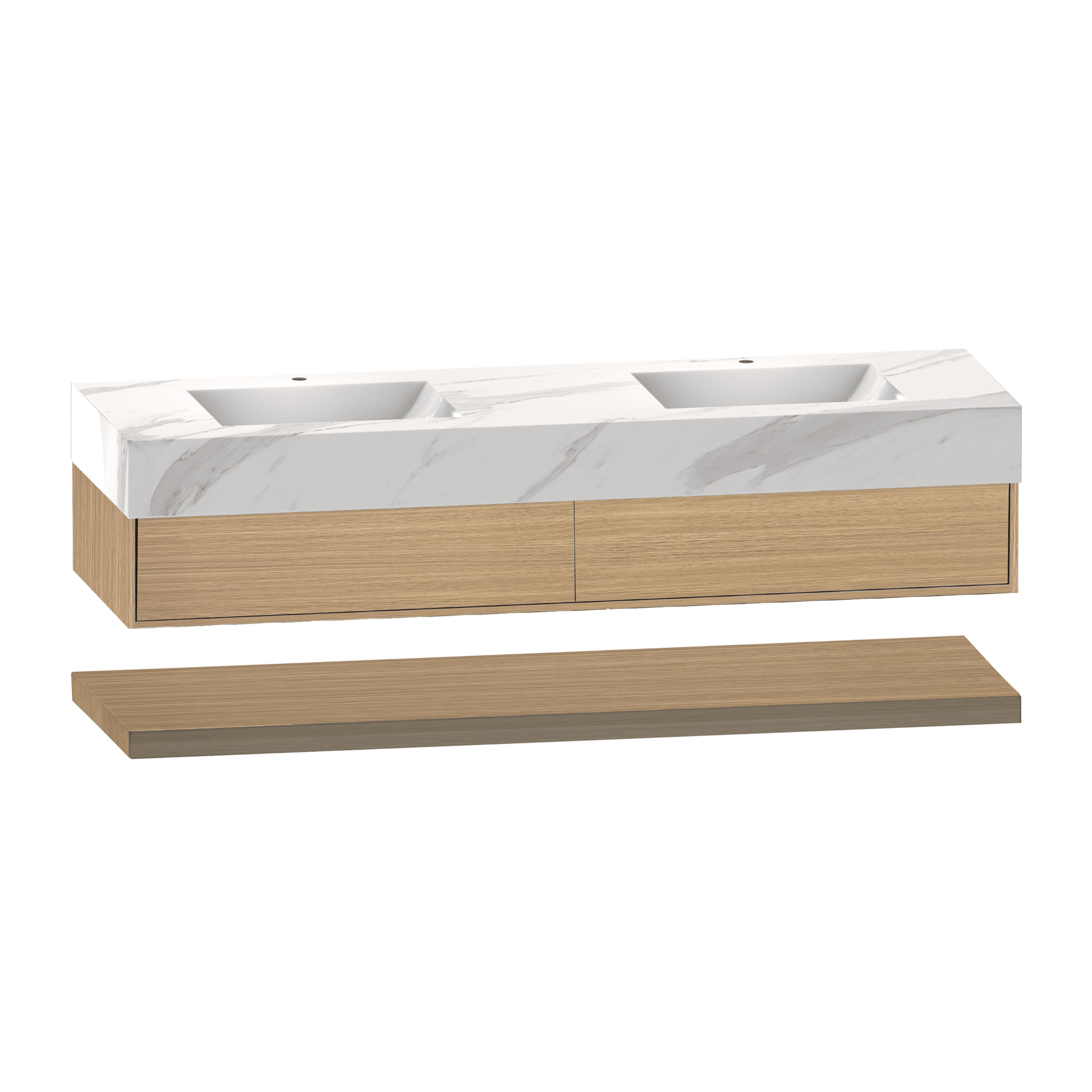 60" Smoked Oak Open Shelf Floating Double Sink Vanity With Seamless Stone Top - VanitySmoked Oak