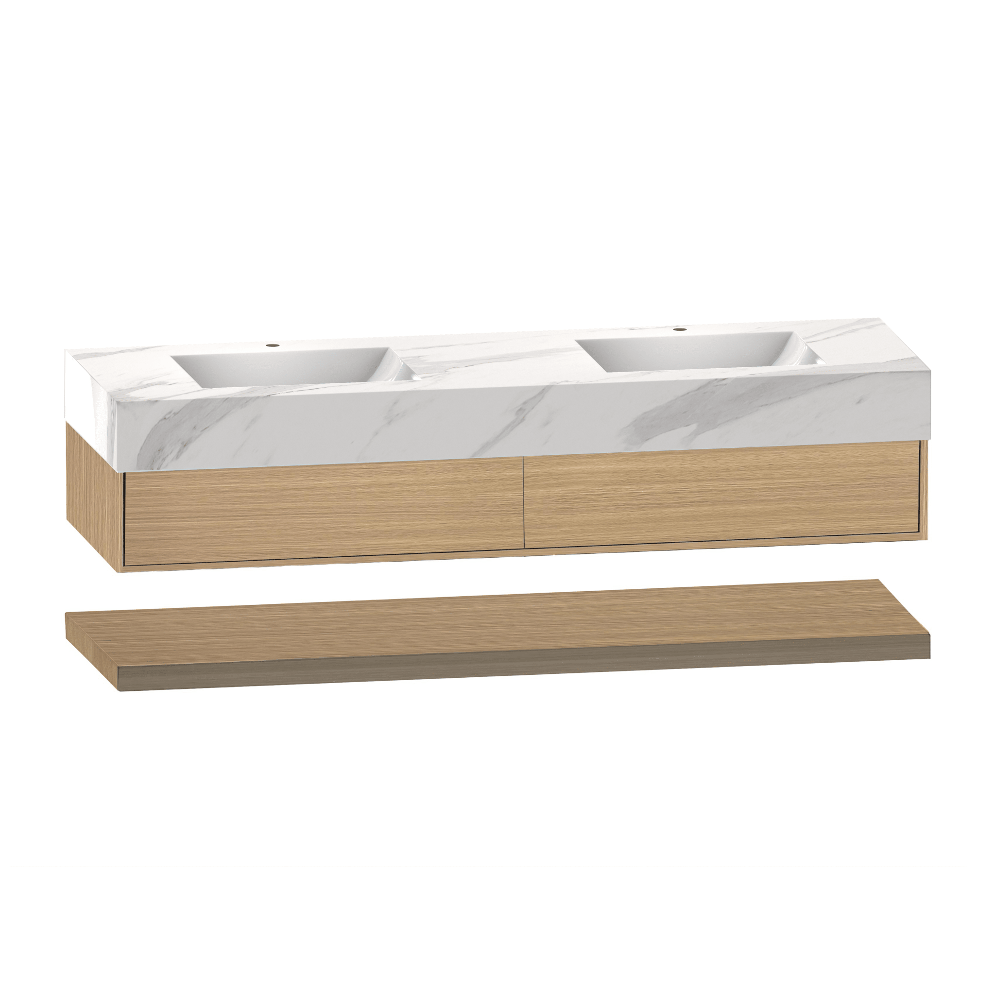 60" Smoked Oak Open Shelf Floating Double Sink Vanity With Seamless Stone Top - VanitySmoked Oak