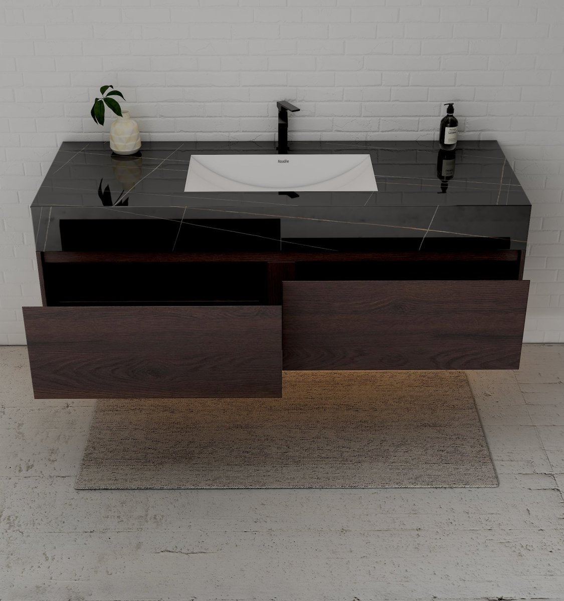 60" Walnut Double Sink Stone Top Two Drawers Floating Bathroom Vanity - VanityWalnut NeoNova Decor