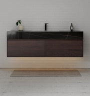60" Walnut Double Sink Stone Top Two Drawers Floating Bathroom Vanity - VanityWalnut NeoNova Decor