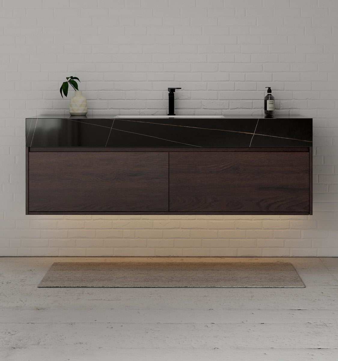 60" Walnut Double Sink Stone Top Two Drawers Floating Bathroom Vanity - VanityWalnut NeoNova Decor