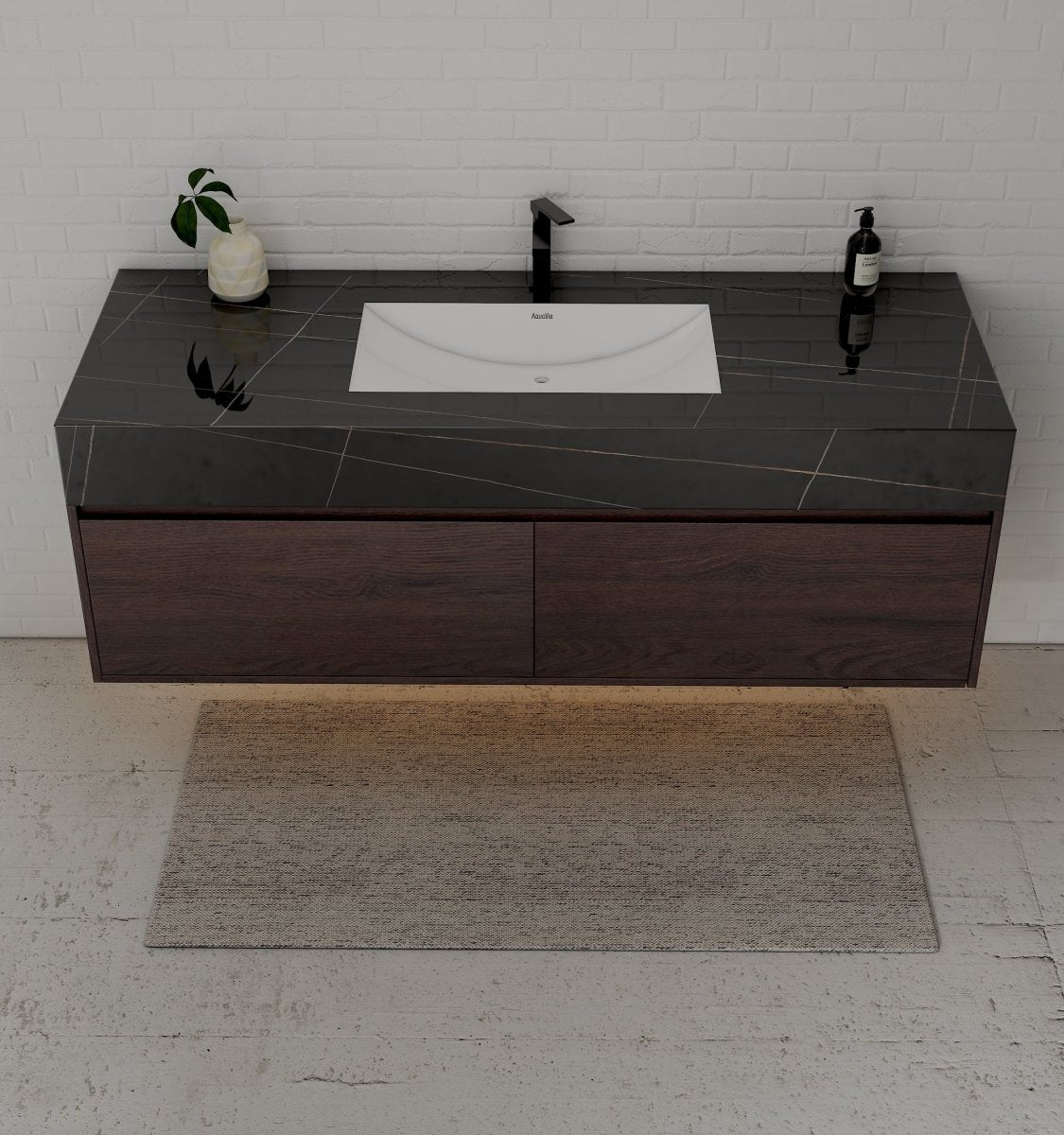 60" Walnut Double Sink Stone Top Two Drawers Floating Bathroom Vanity - VanityWalnut NeoNova Decor