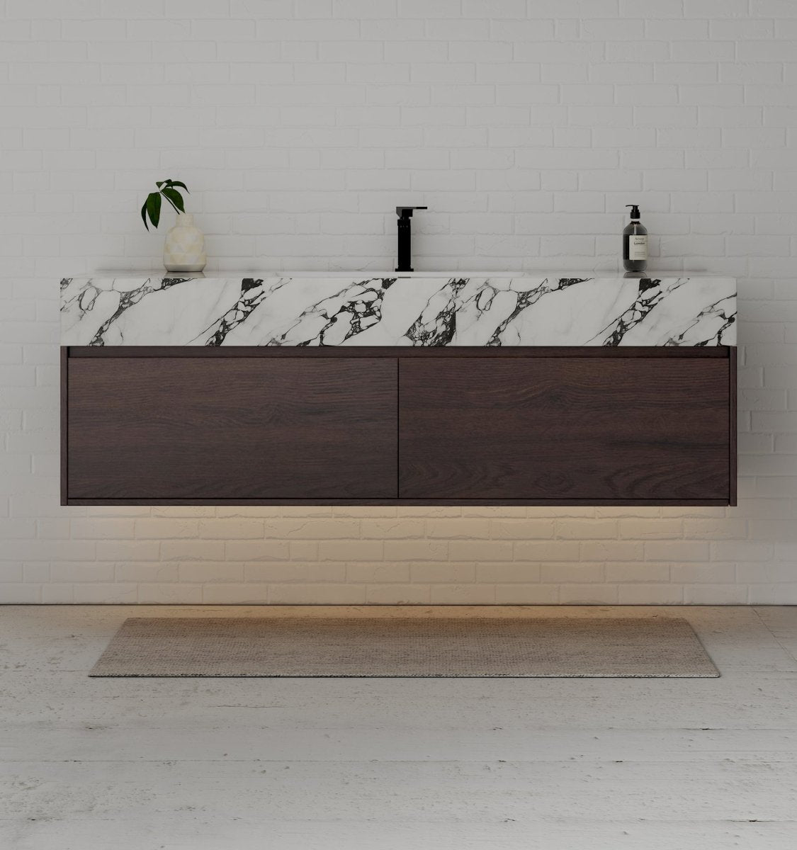 60" Walnut Double Sink Stone Top Two Drawers Floating Bathroom Vanity - VanityWalnut NeoNova Decor