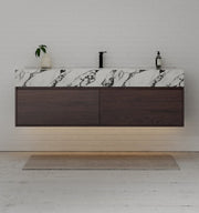 60" Walnut Double Sink Stone Top Two Drawers Floating Bathroom Vanity - VanityWalnut NeoNova Decor