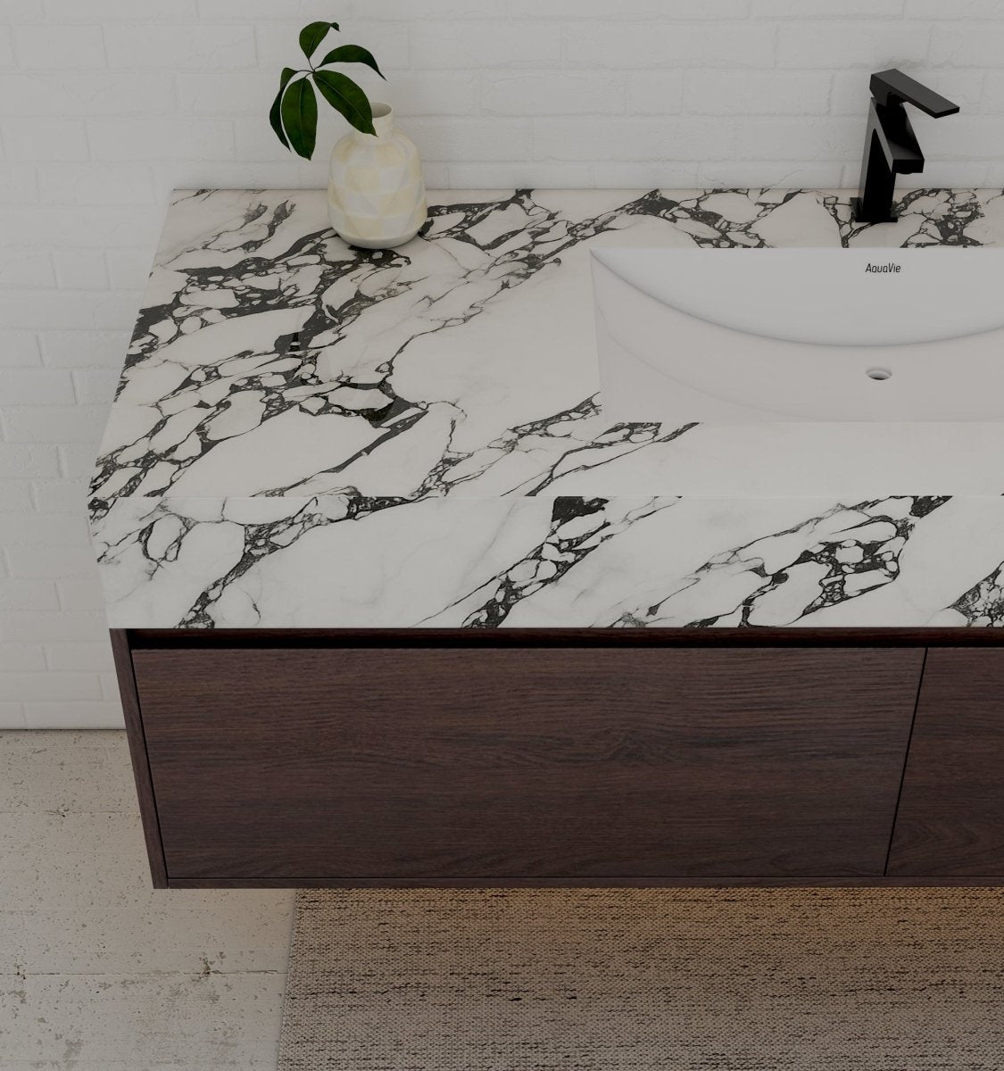 60" Walnut Double Sink Stone Top Two Drawers Floating Bathroom Vanity - VanityWalnut NeoNova Decor