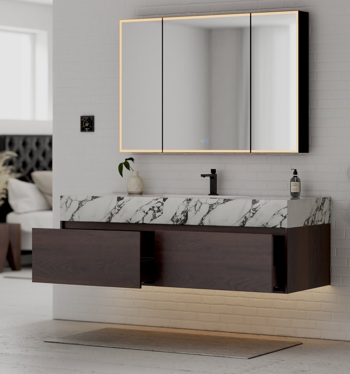 60" Walnut Double Sink Stone Top Two Drawers Floating Bathroom Vanity - VanityWalnut NeoNova Decor