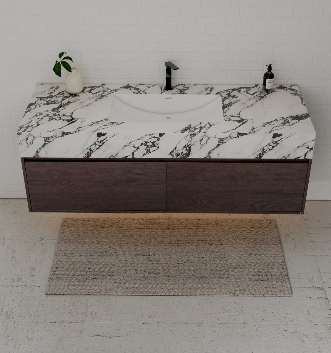 60" Walnut Double Sink Stone Top Two Drawers Floating Bathroom Vanity - VanityWalnut NeoNova Decor