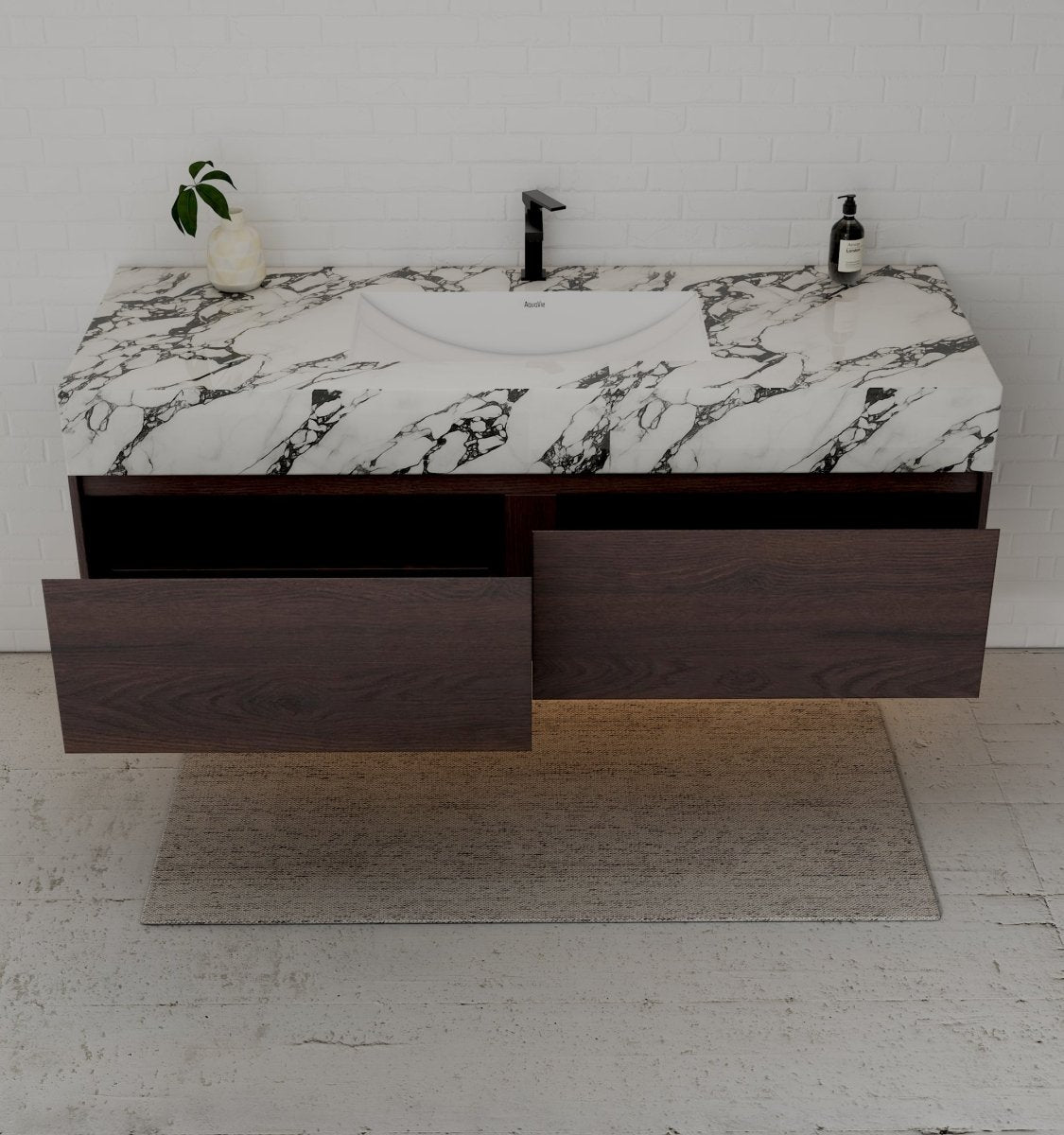 60" Walnut Double Sink Stone Top Two Drawers Floating Bathroom Vanity - VanityWalnut NeoNova Decor