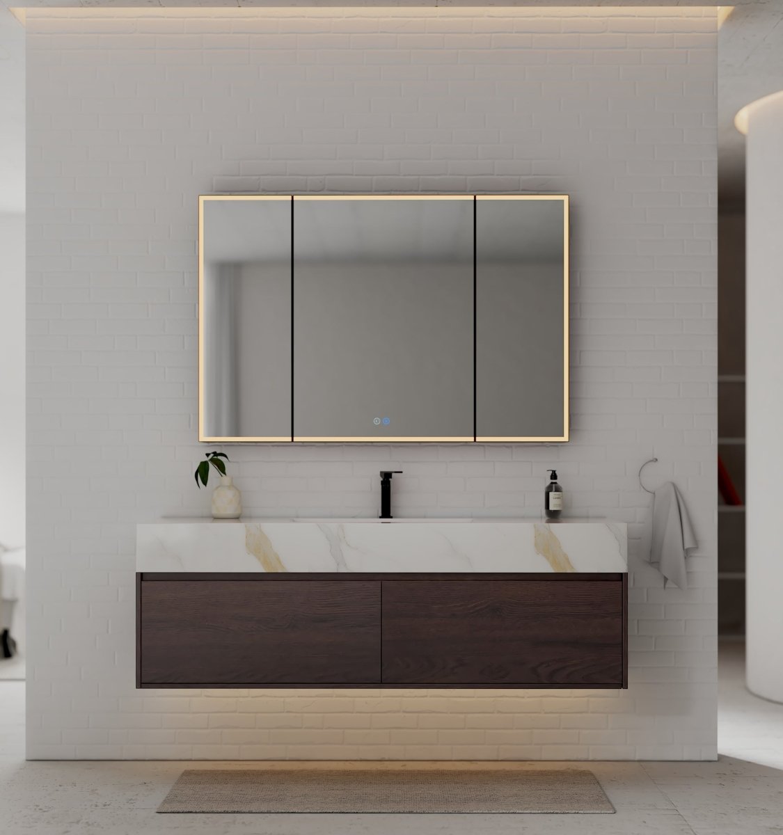 60" Walnut Double Sink Stone Top Two Drawers Floating Bathroom Vanity - VanityWalnut NeoNova Decor