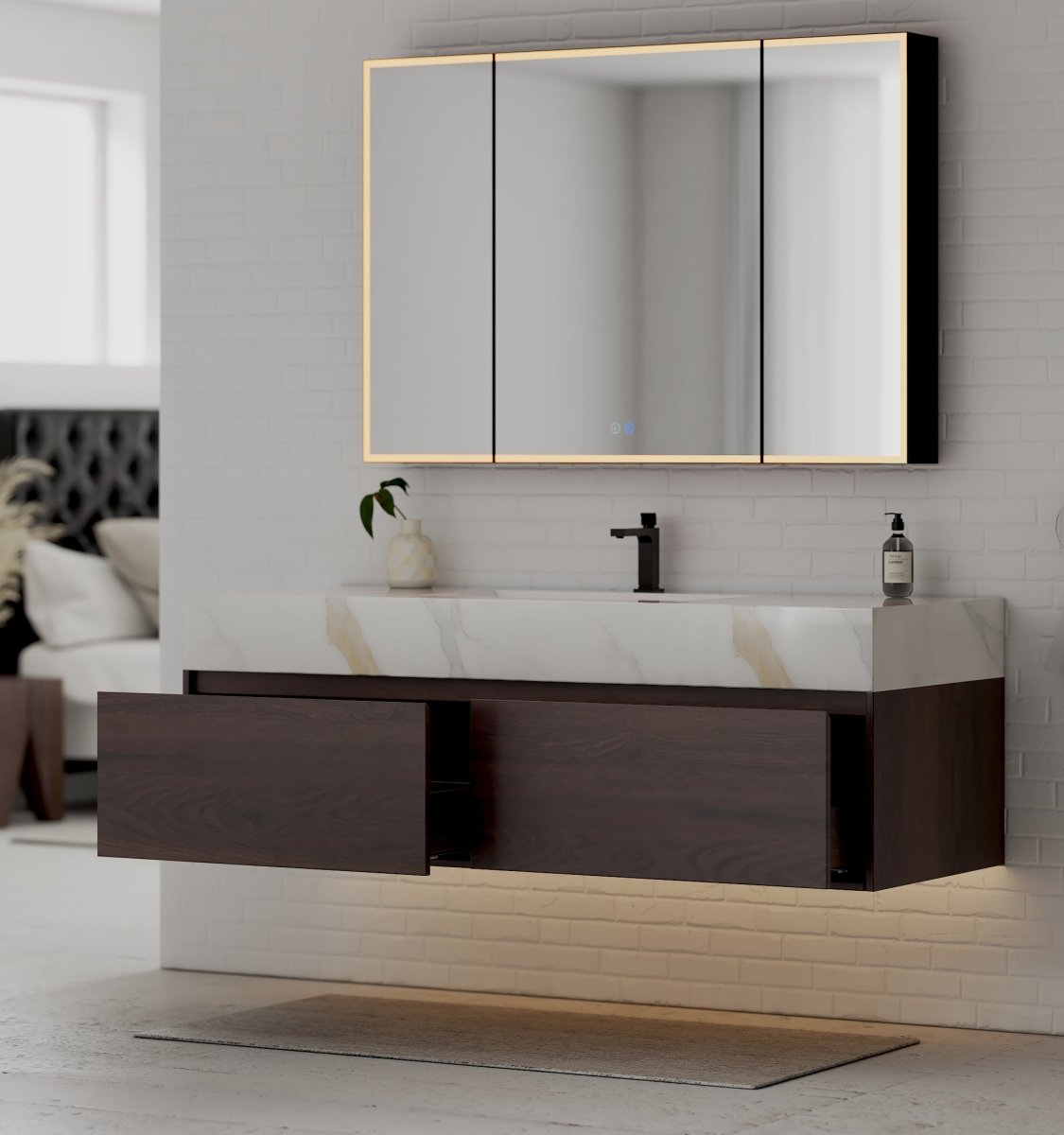 60" Walnut Double Sink Stone Top Two Drawers Floating Bathroom Vanity - VanityWalnut NeoNova Decor