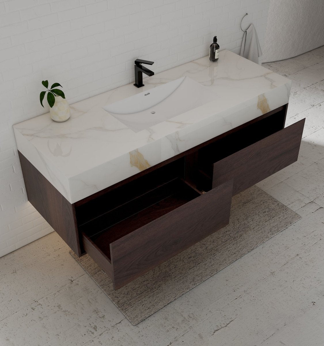 60" Walnut Double Sink Stone Top Two Drawers Floating Bathroom Vanity - VanityWalnut NeoNova Decor