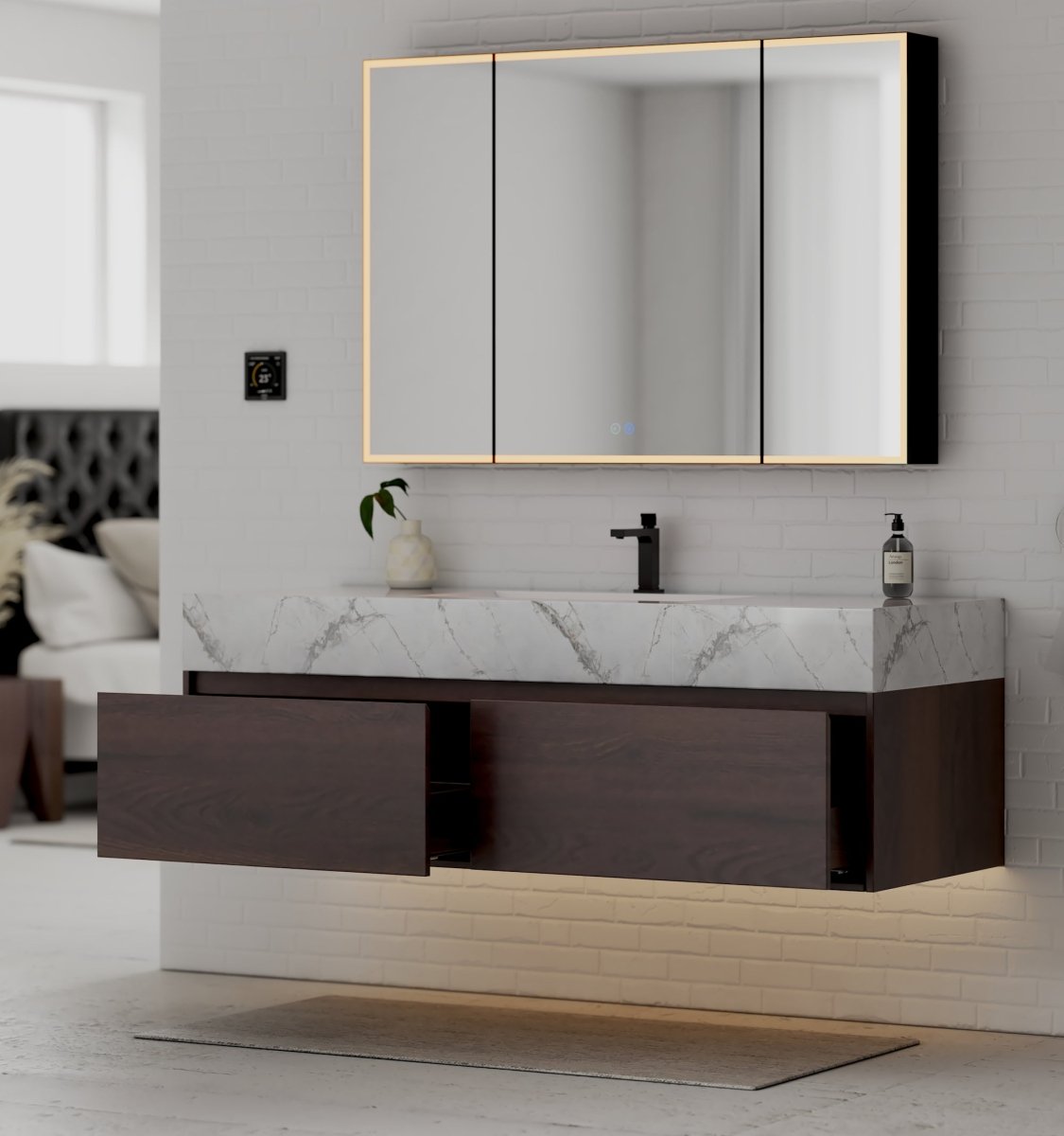 60" Walnut Single Sink Stone Top Two Drawers Floating Bathroom Vanity - VanityWalnut NeoNova Decor