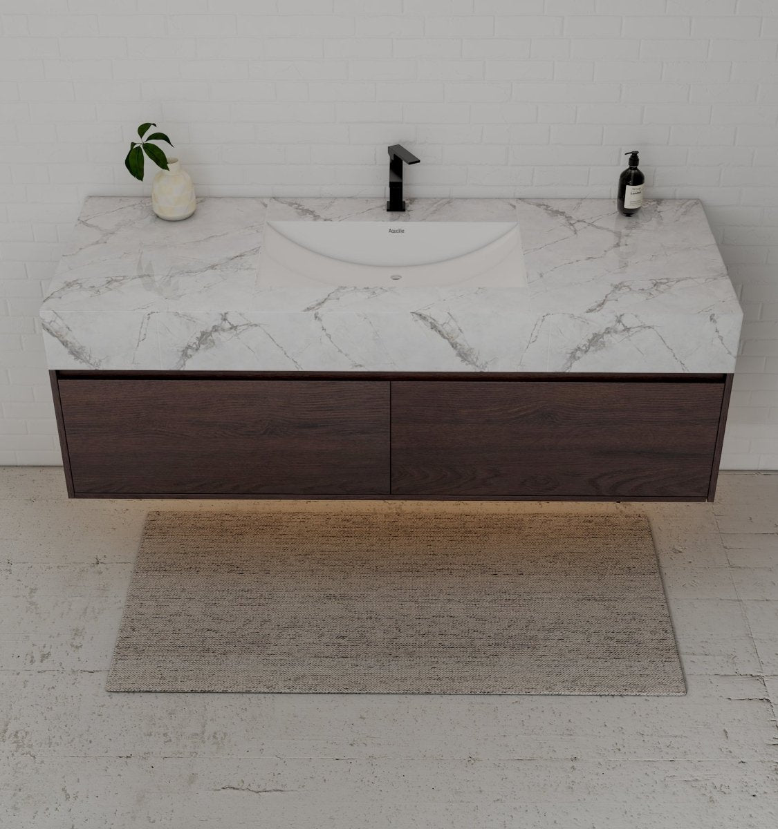 60" Walnut Single Sink Stone Top Two Drawers Floating Bathroom Vanity - VanityWalnut NeoNova Decor