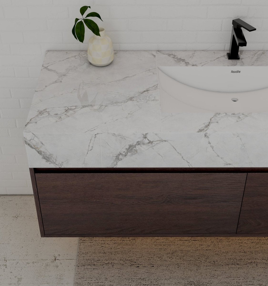 60" Walnut Single Sink Stone Top Two Drawers Floating Bathroom Vanity - VanityWalnut NeoNova Decor