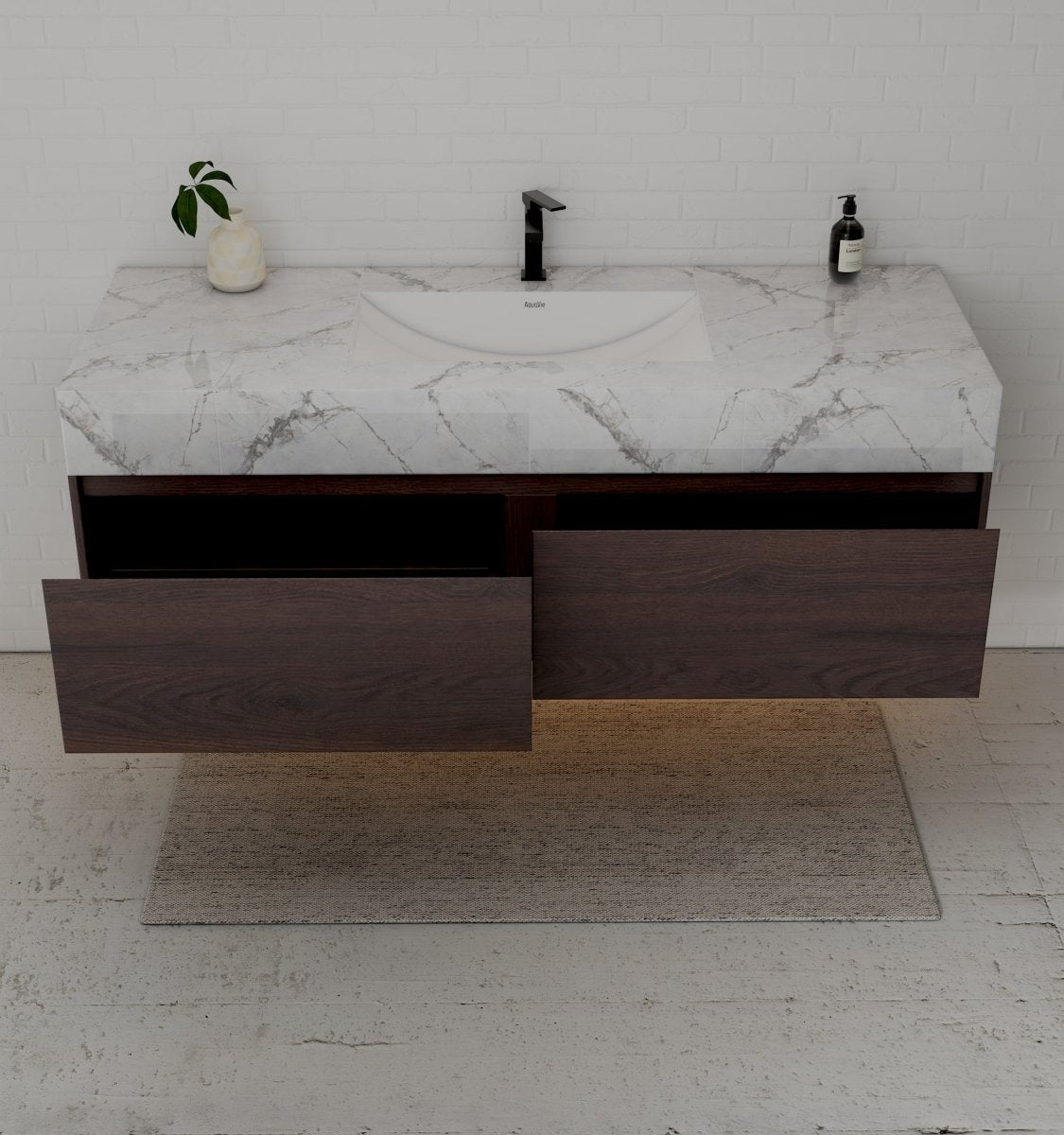60" Walnut Single Sink Stone Top Two Drawers Floating Bathroom Vanity - VanityWalnut NeoNova Decor