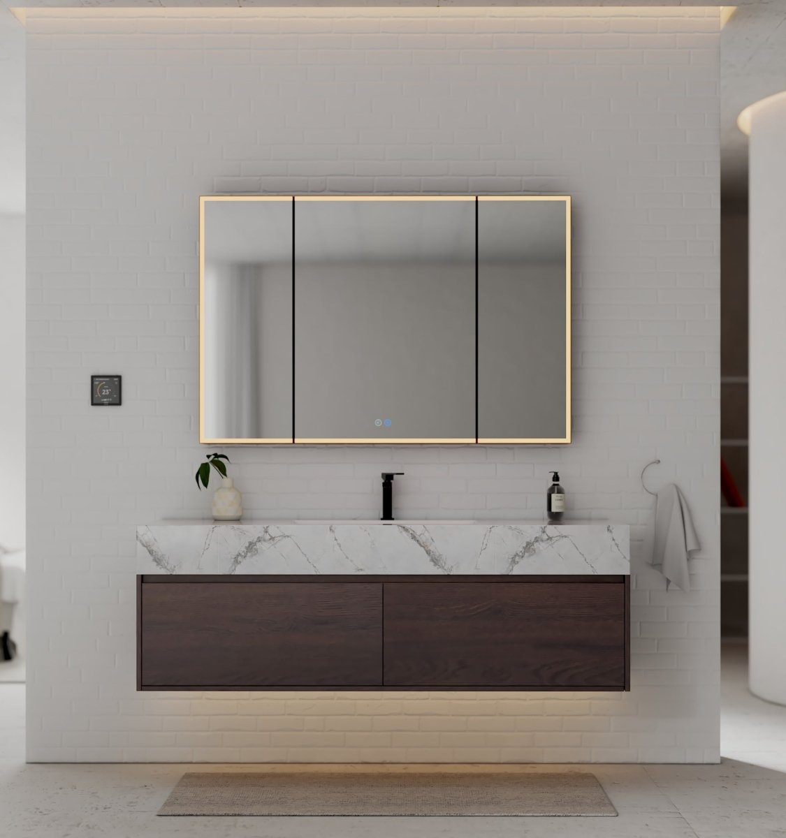 60" Walnut Single Sink Stone Top Two Drawers Floating Bathroom Vanity - VanityWalnut NeoNova Decor