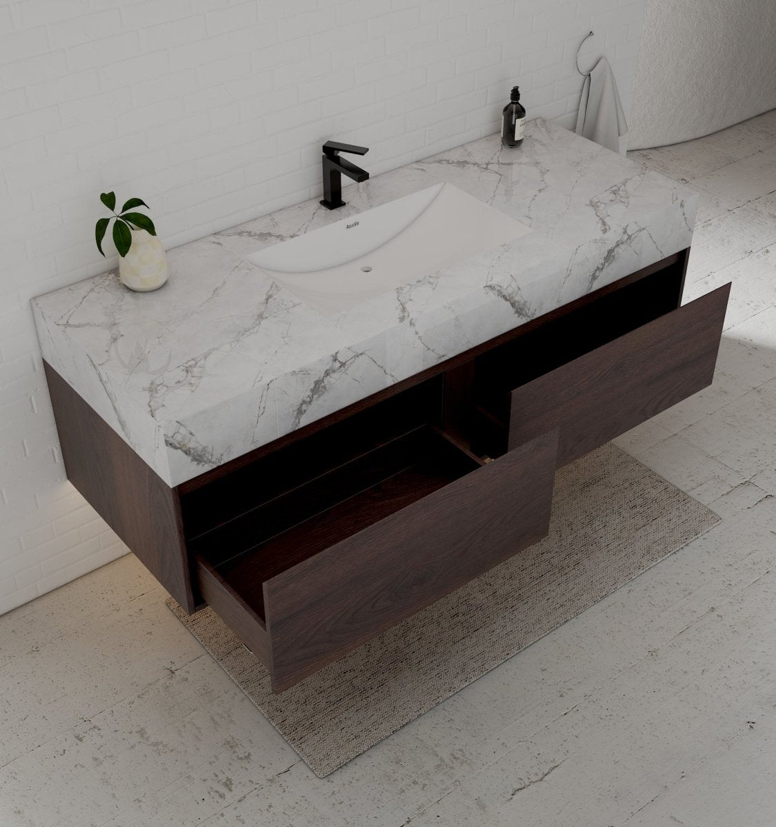 60" Walnut Single Sink Stone Top Two Drawers Floating Bathroom Vanity - VanityWalnut NeoNova Decor