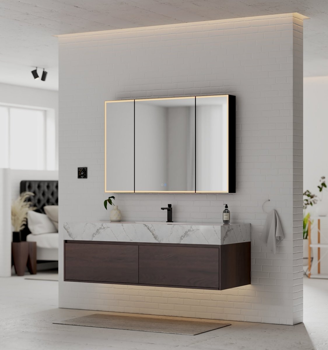 60" Walnut Single Sink Stone Top Two Drawers Floating Bathroom Vanity - VanityWalnut NeoNova Decor