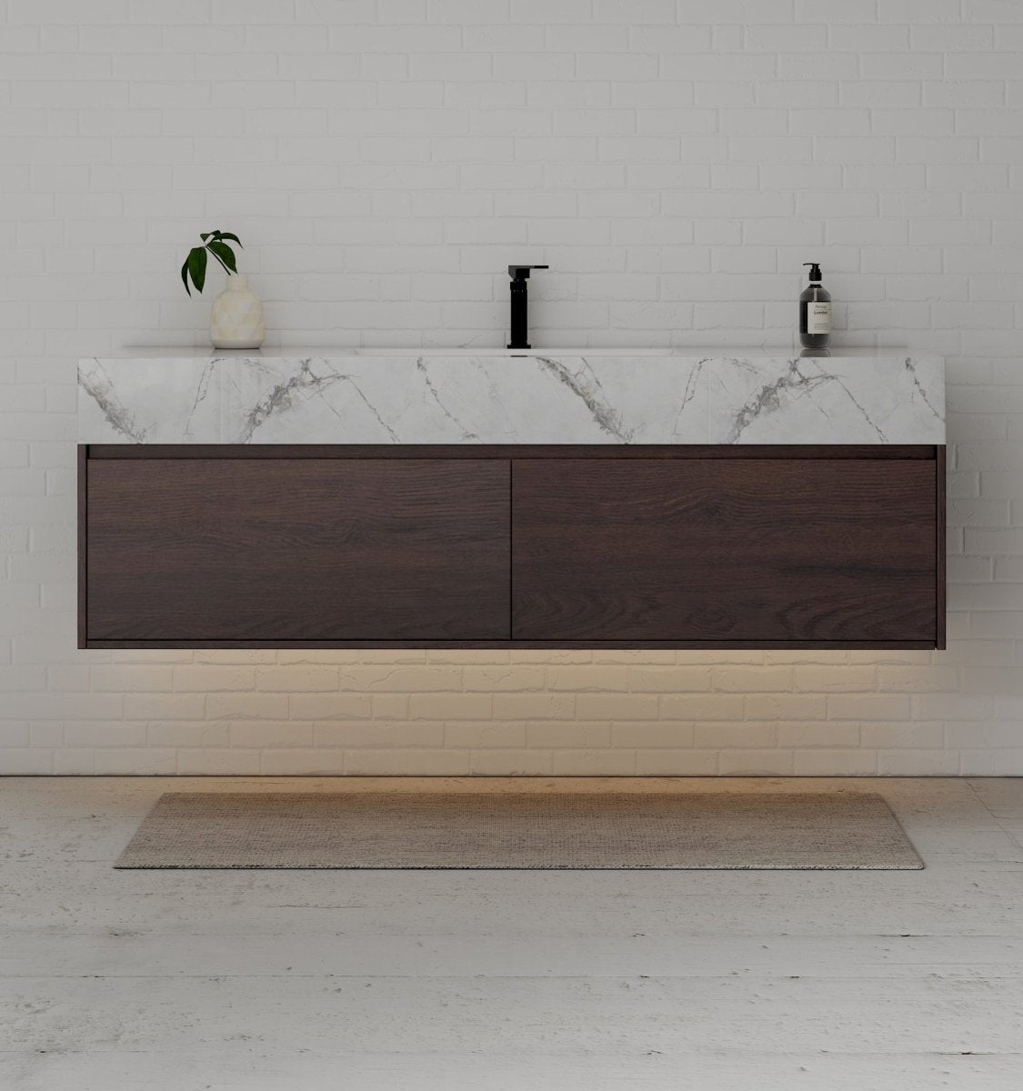60" Walnut Single Sink Stone Top Two Drawers Floating Bathroom Vanity - VanityWalnut NeoNova Decor