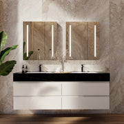 60" White Fluted Floating Vanity with Seamless Stone Double Sink - VanityBlack Marquina Gold Veins