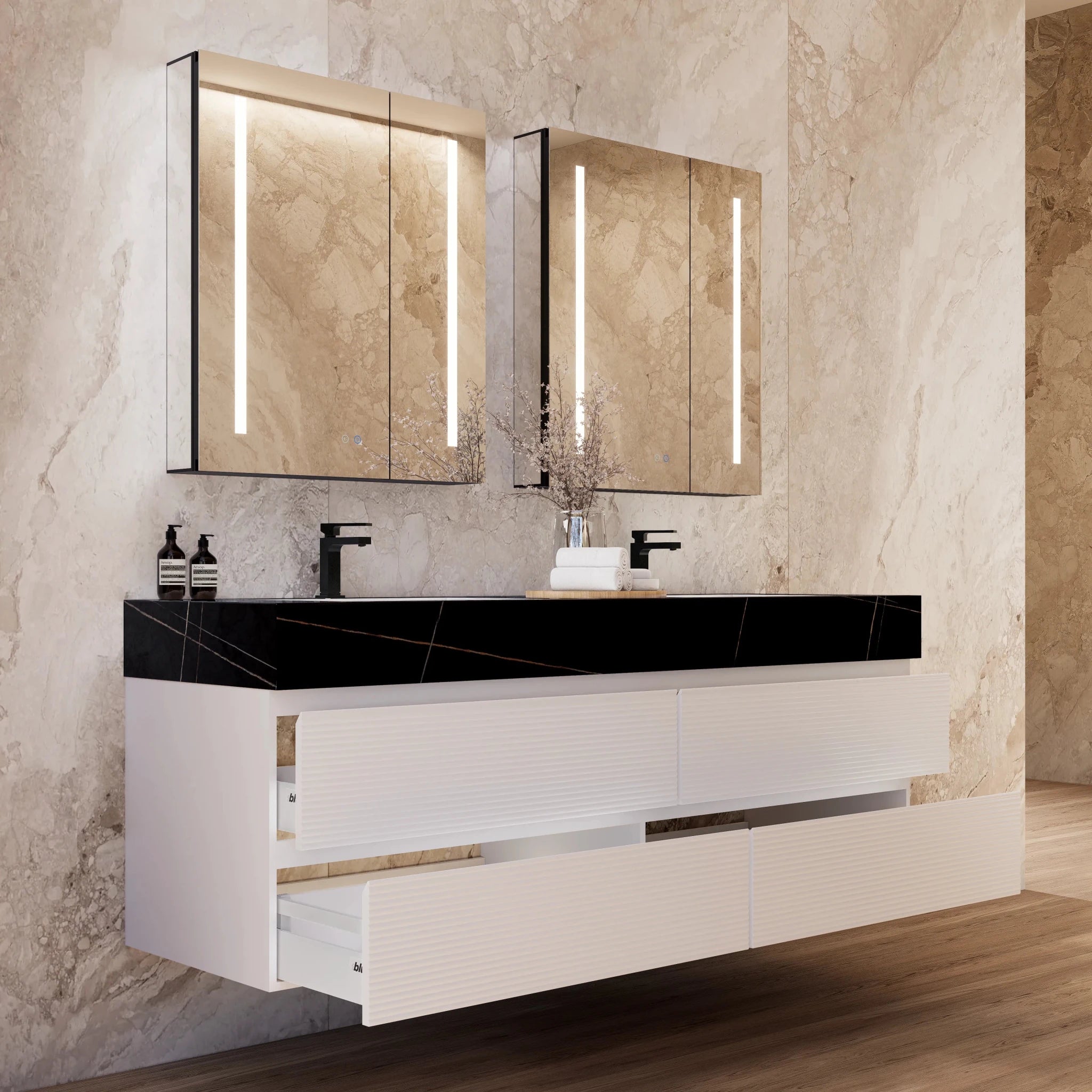 60" White Fluted Floating Vanity with Seamless Stone Double Sink - VanityBlack Marquina Gold Veins