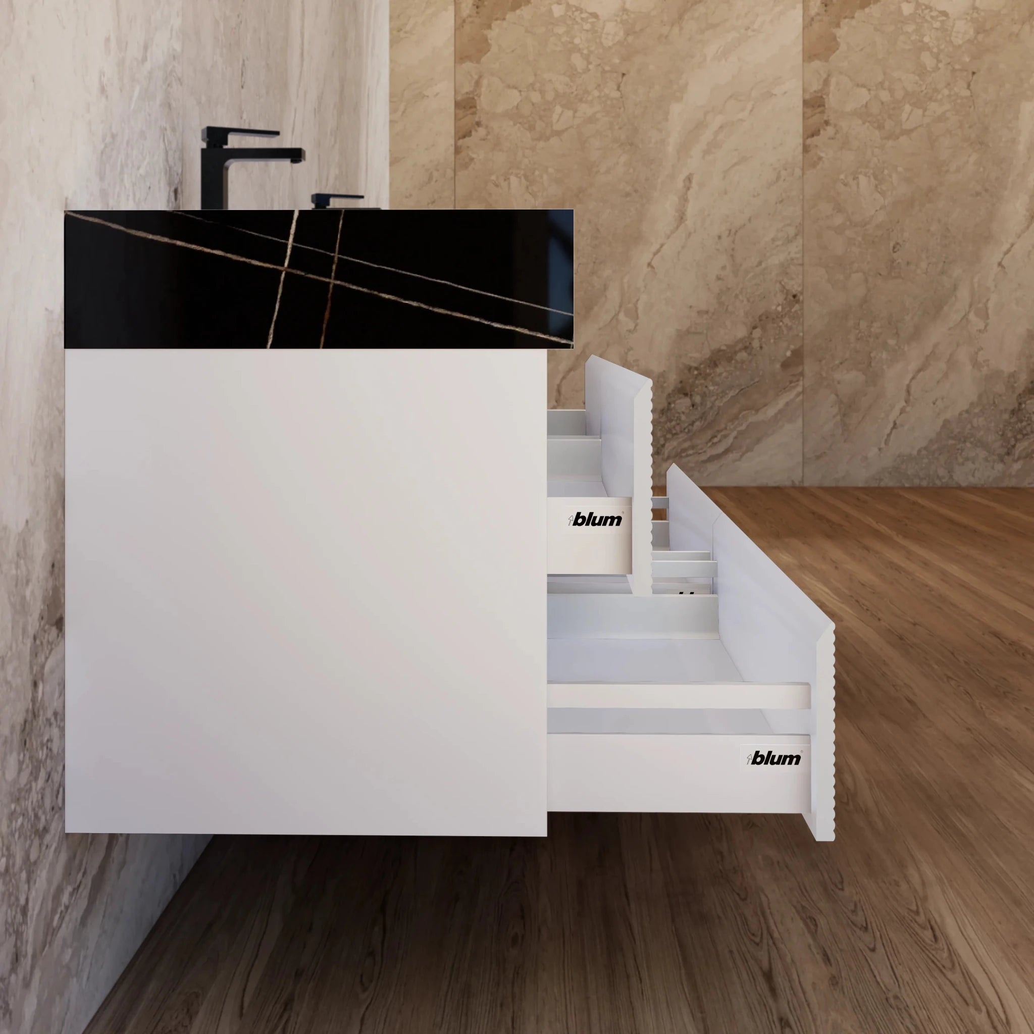 60" White Fluted Floating Vanity with Seamless Stone Double Sink - VanityBlack Marquina Gold Veins