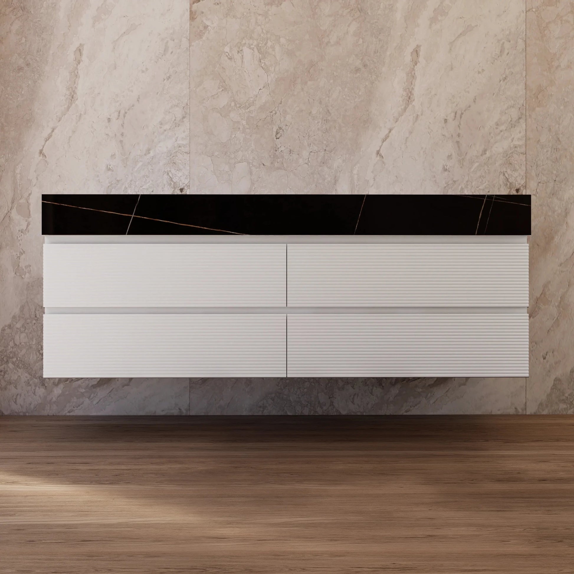 60" White Fluted Floating Vanity with Seamless Stone Double Sink - VanityBlack Marquina Gold Veins