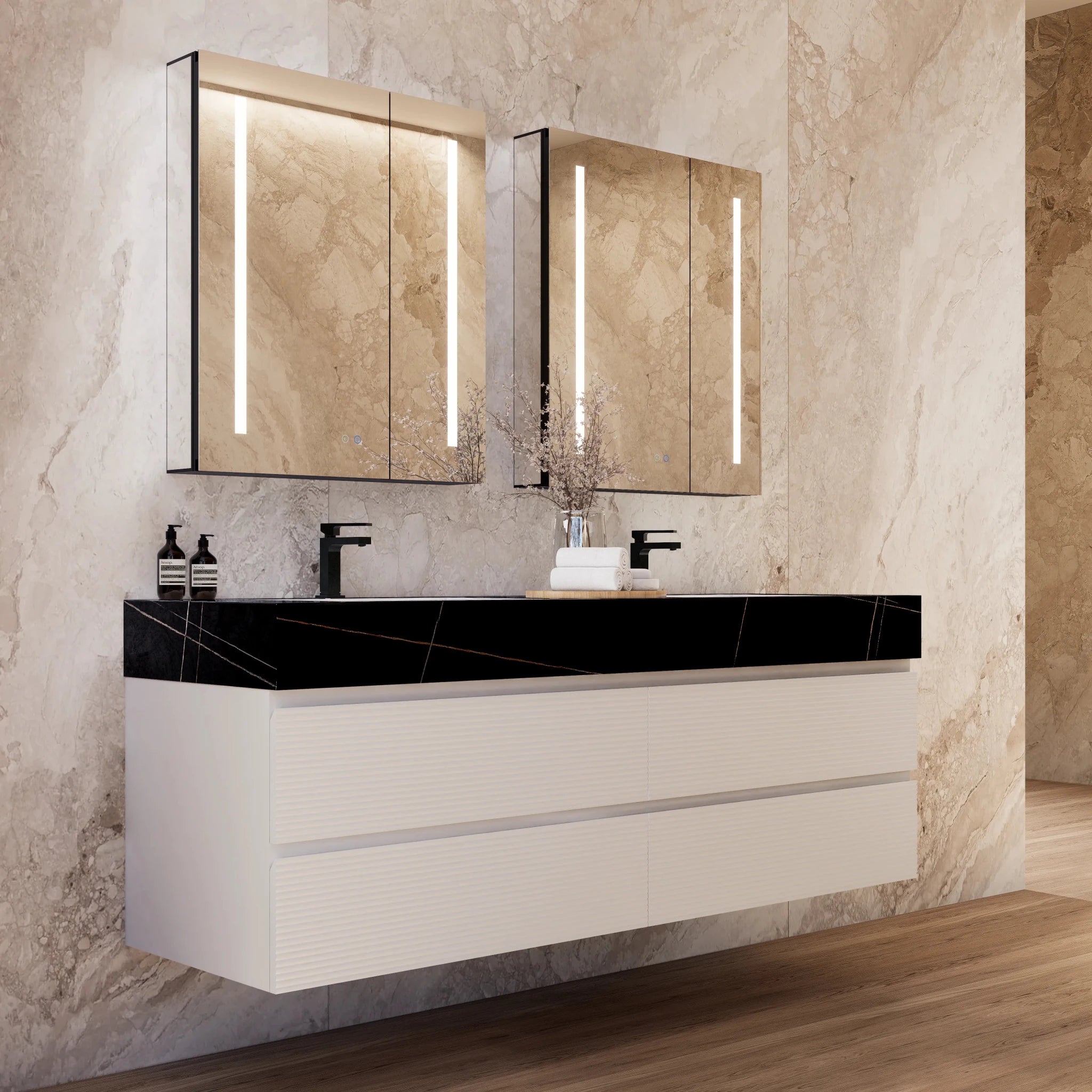 60" White Fluted Floating Vanity with Seamless Stone Double Sink - VanityBlack Marquina Gold Veins