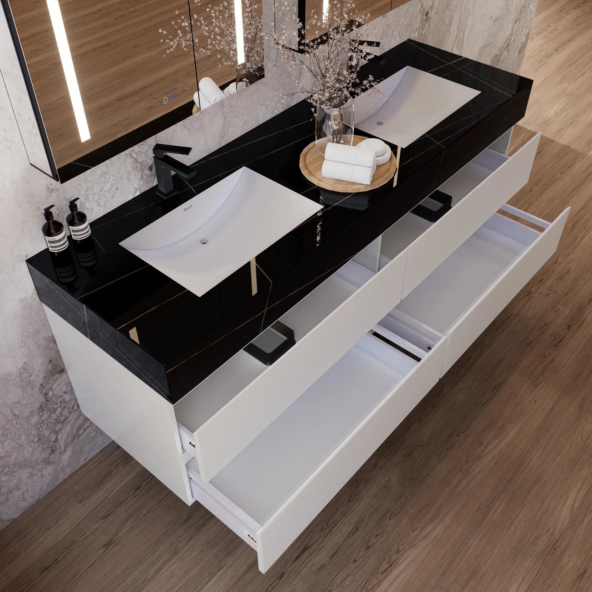 60" White Fluted Floating Vanity with Seamless Stone Double Sink - VanityBlack Marquina Gold Veins