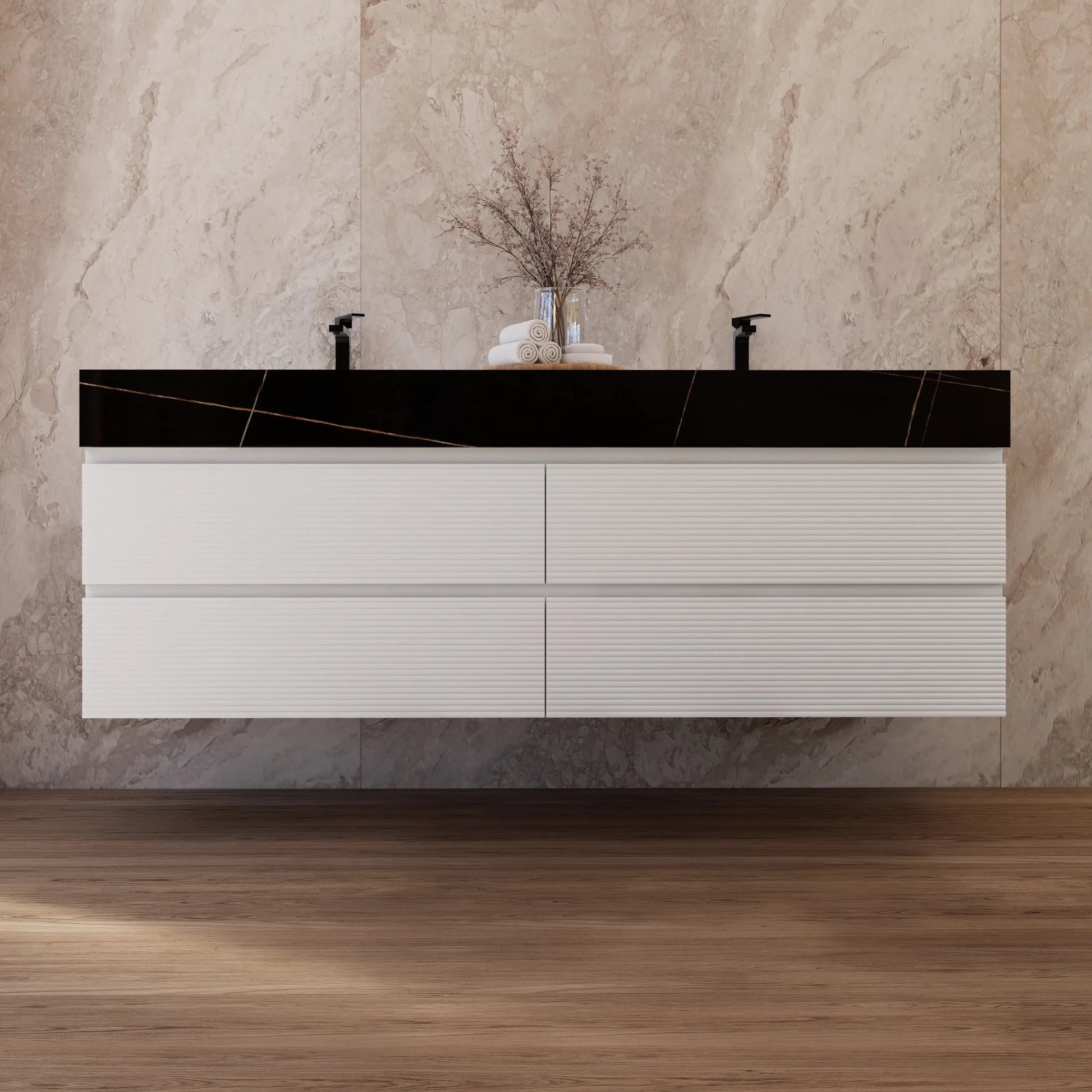 60" White Fluted Floating Vanity with Seamless Stone Double Sink - VanityBlack Marquina Gold Veins