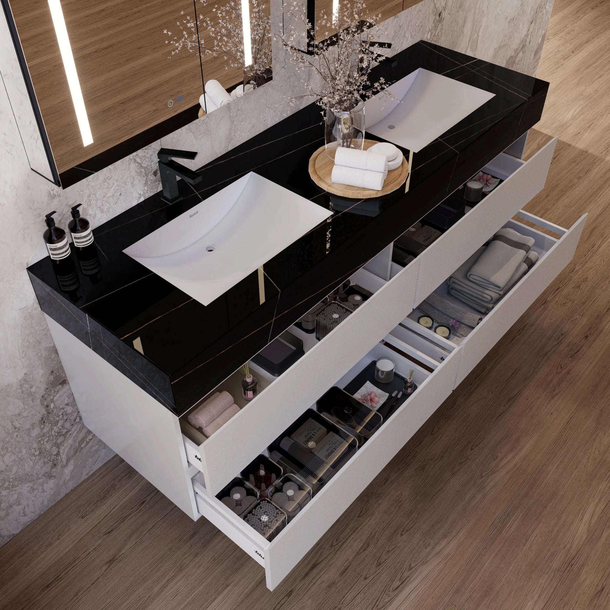 60" White Fluted Floating Vanity with Seamless Stone Double Sink - VanityBlack Marquina Gold Veins