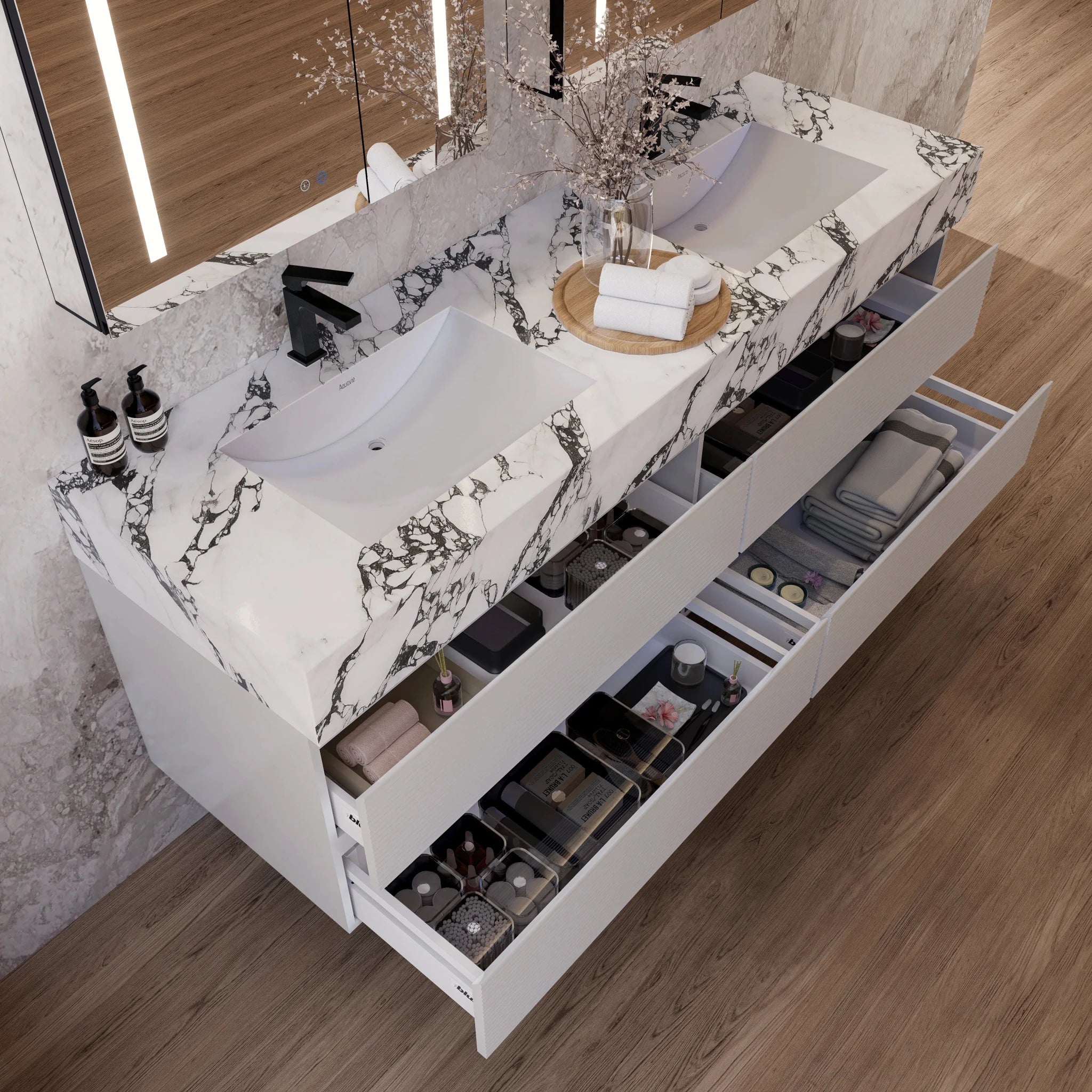 60" White Fluted Floating Vanity with Seamless Stone Double Sink - VanityCalacatta Black