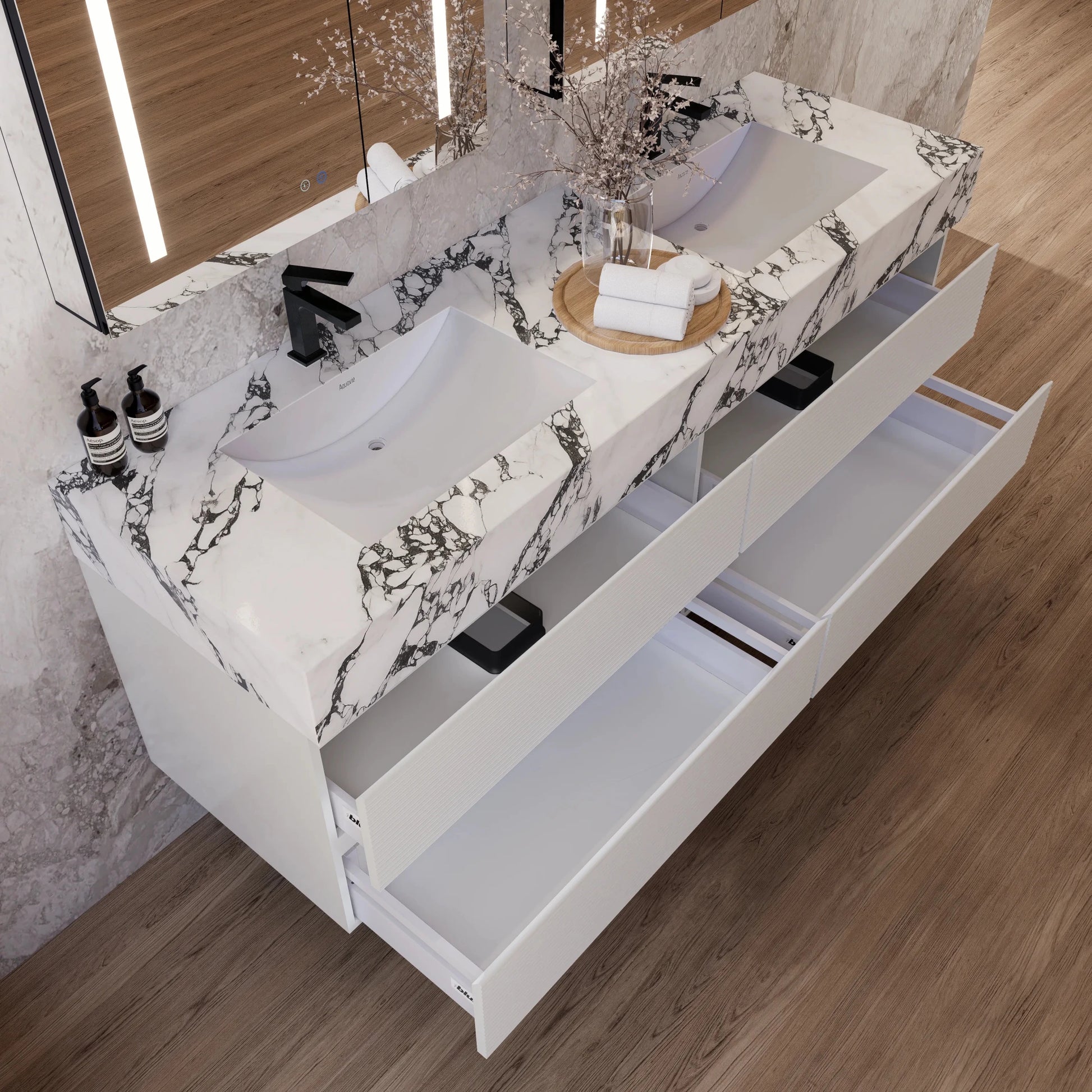 60" White Fluted Floating Vanity with Seamless Stone Double Sink - VanityCalacatta Black