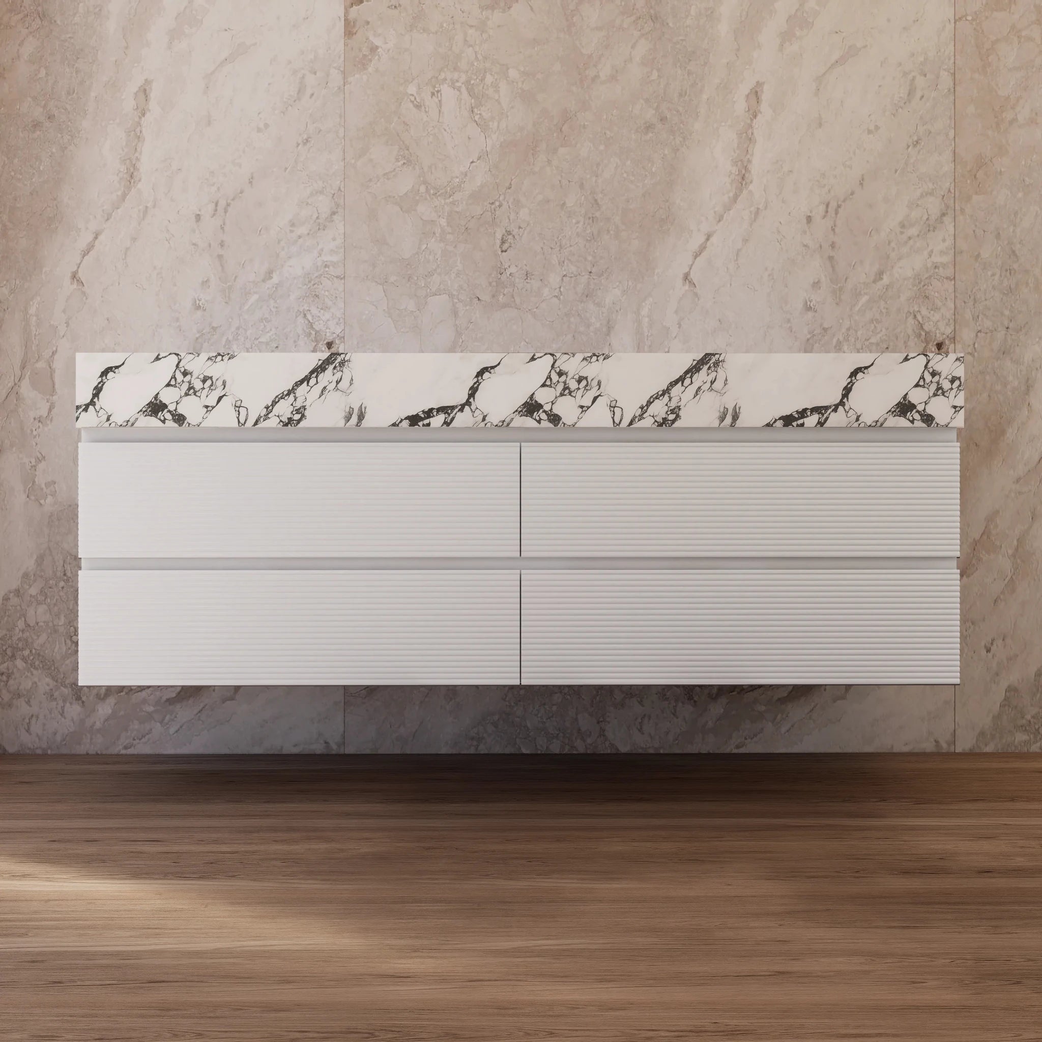 60" White Fluted Floating Vanity with Seamless Stone Double Sink - VanityCalacatta Black