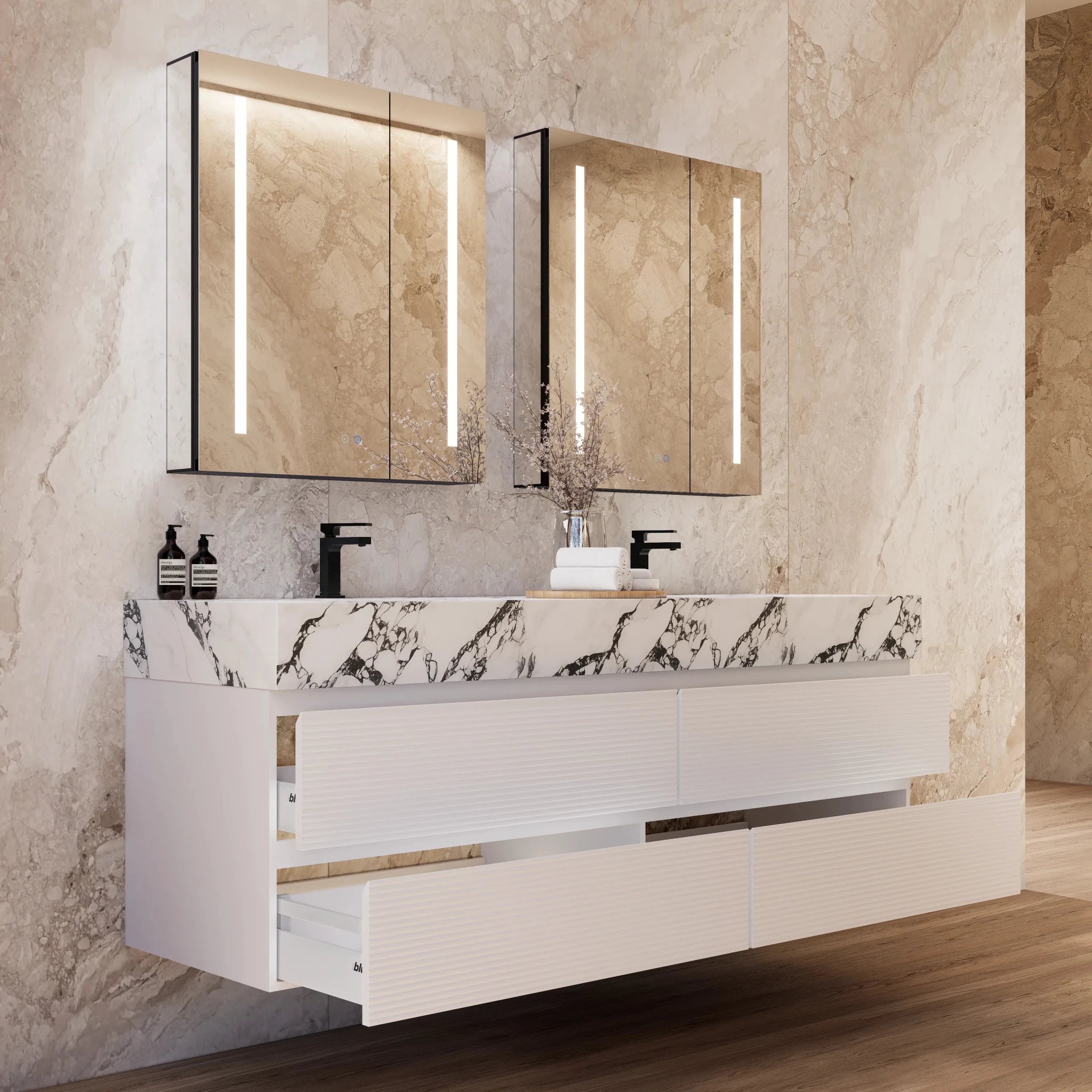 60" White Fluted Floating Vanity with Seamless Stone Double Sink - VanityCalacatta Black