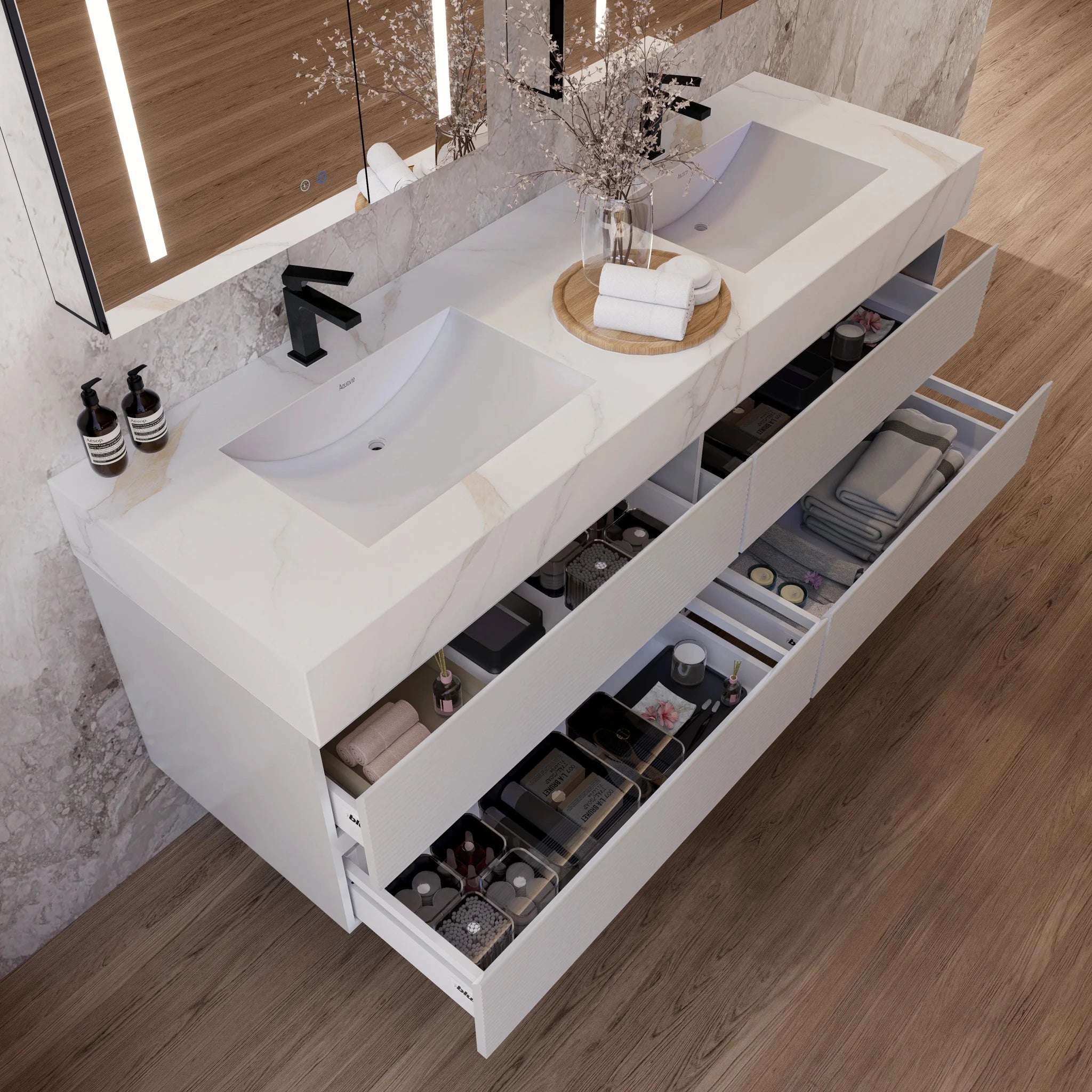 60" White Fluted Floating Vanity with Seamless Stone Double Sink - VanityCalacatta Gold