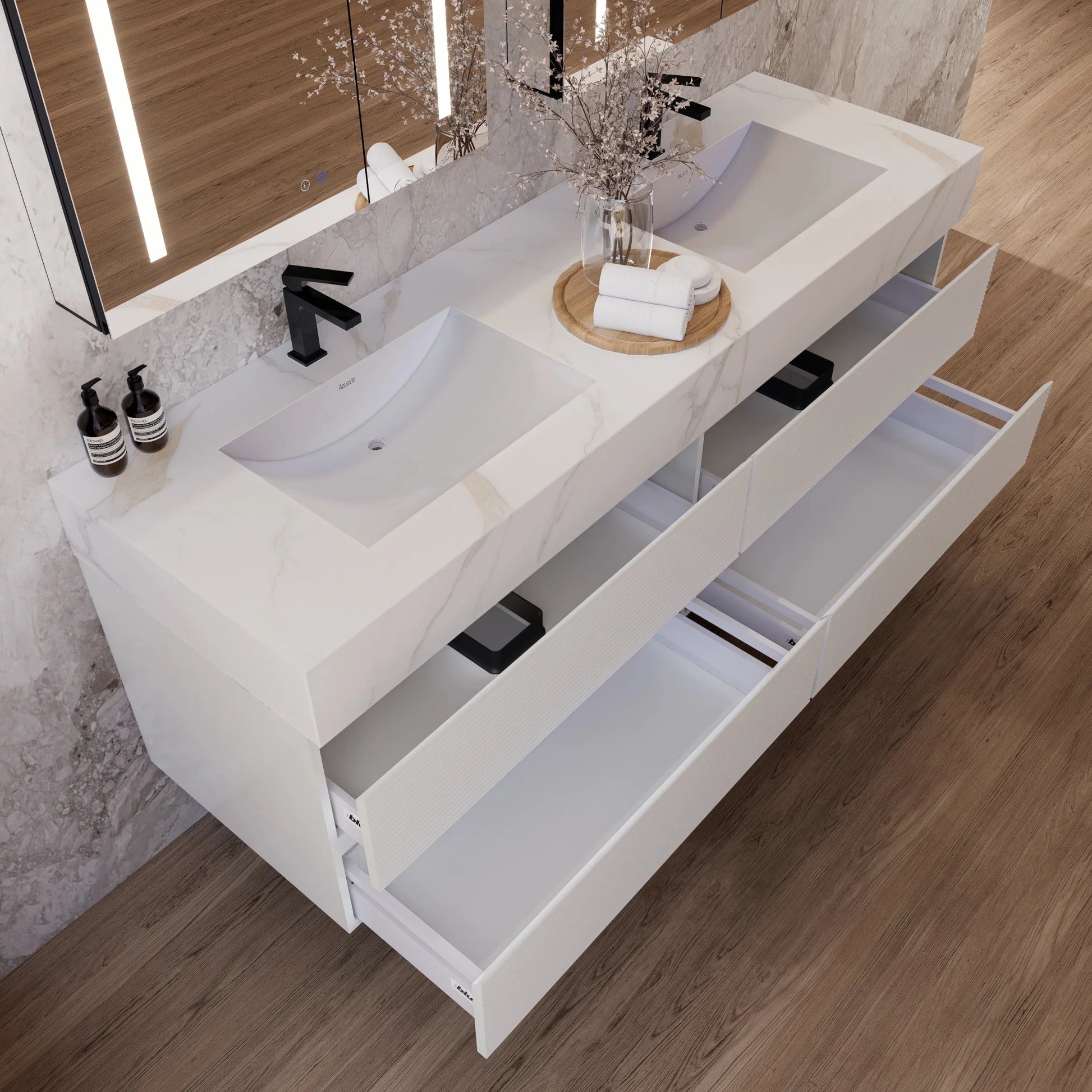 60" White Fluted Floating Vanity with Seamless Stone Double Sink - VanityCalacatta Gold
