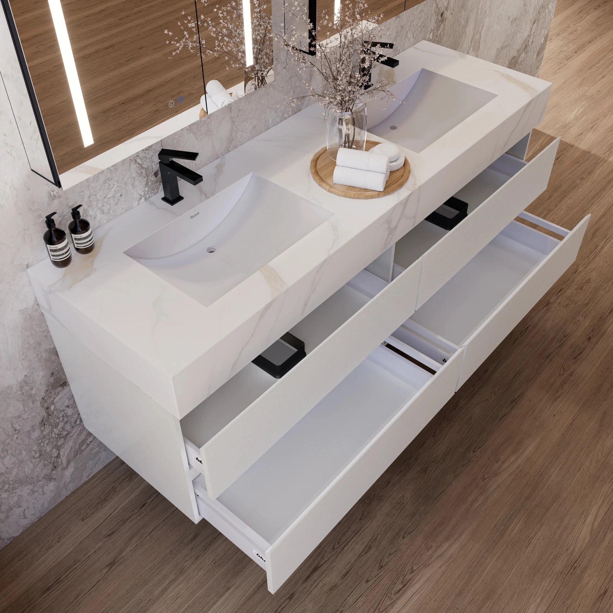 60" White Fluted Floating Vanity with Seamless Stone Double Sink - VanityCalacatta Gold
