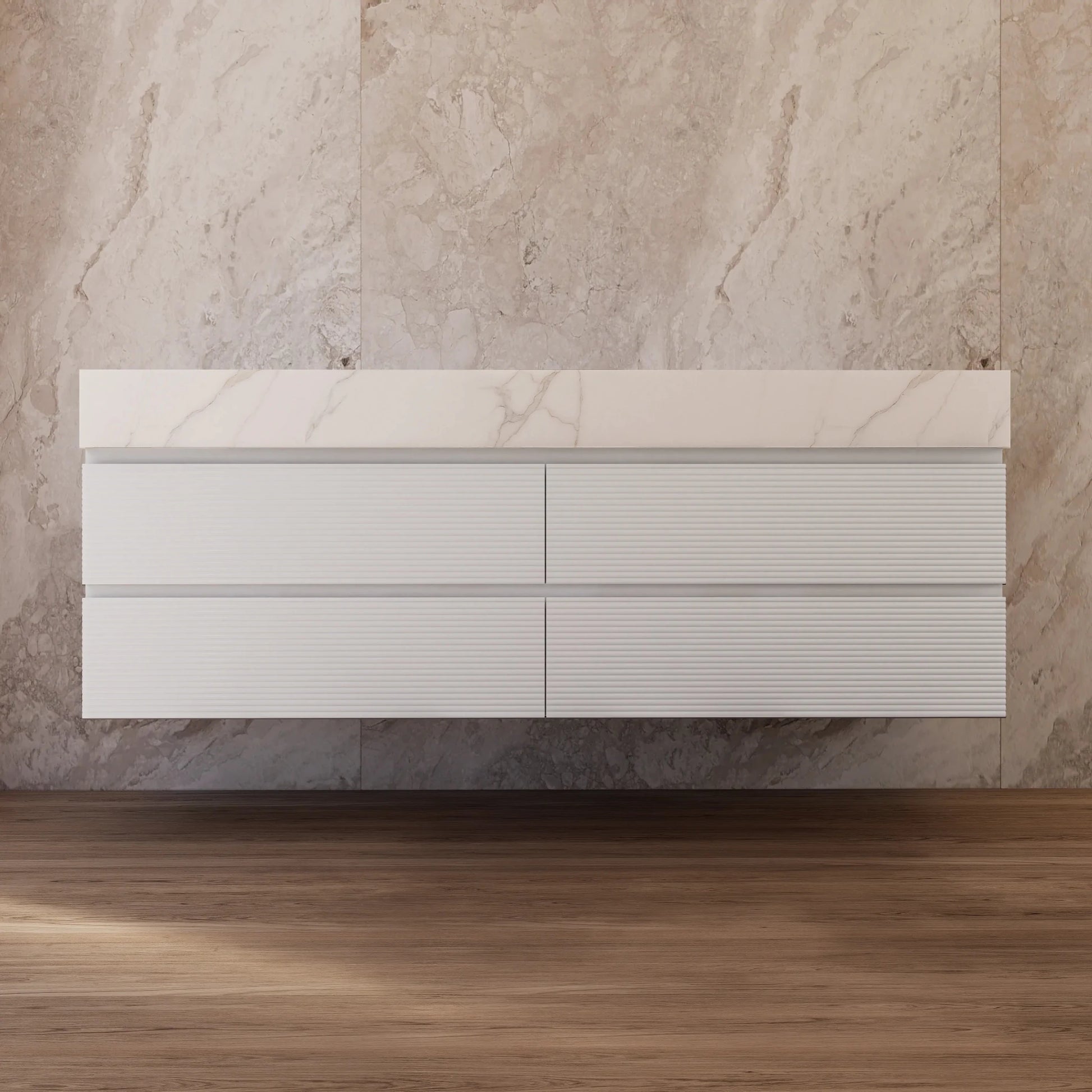 60" White Fluted Floating Vanity with Seamless Stone Double Sink - VanityCalacatta Gold