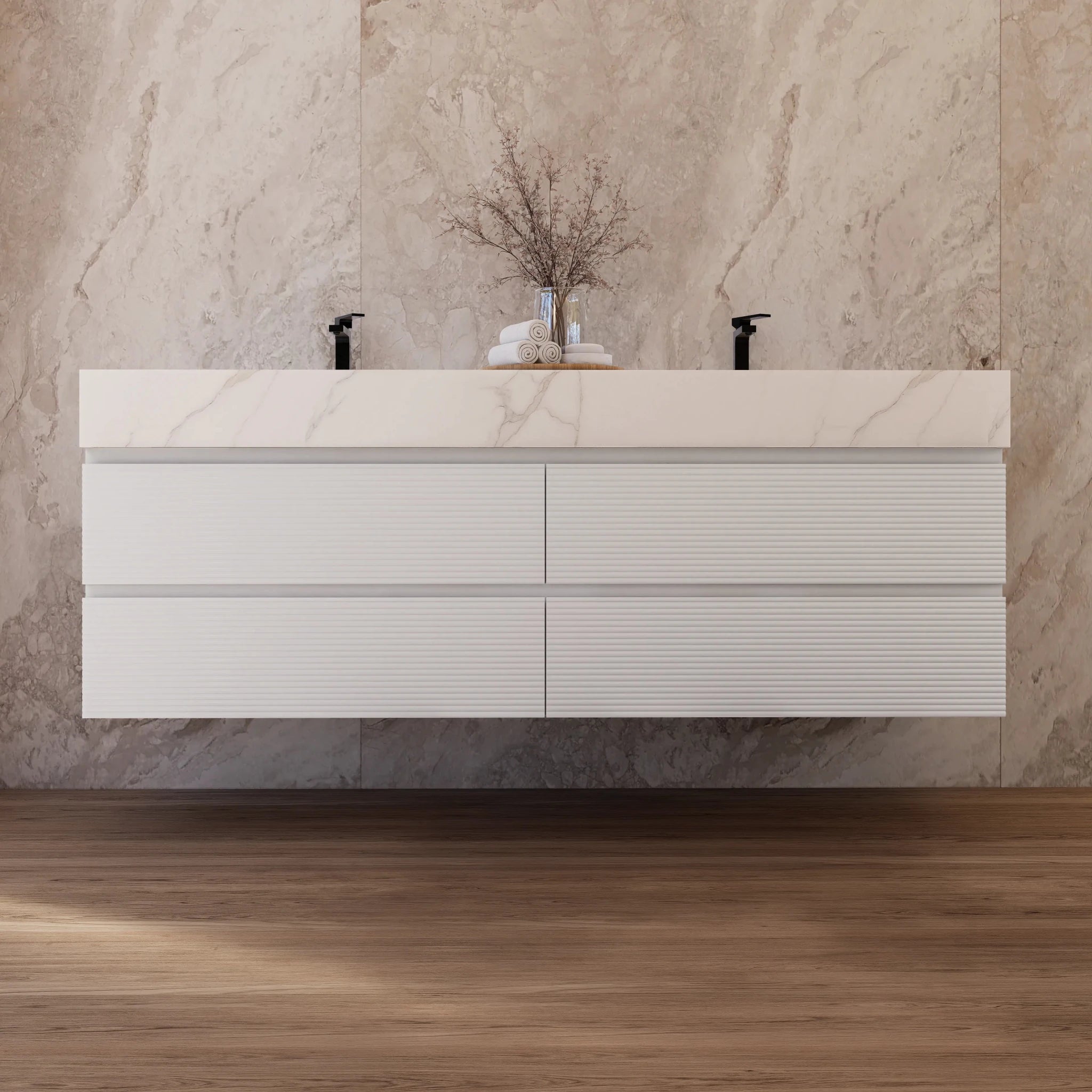 60" White Fluted Floating Vanity with Seamless Stone Double Sink - VanityCalacatta Gold